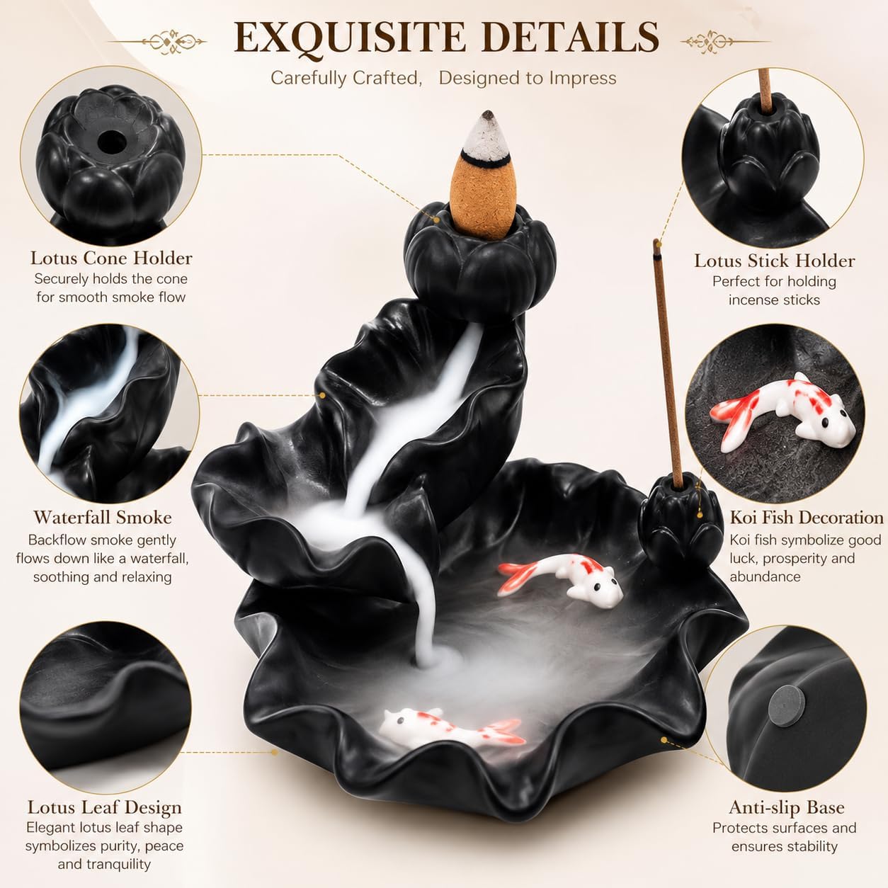 Ceramic Waterfall Backflow Incense Burner Holder, Home Aromatherapy Decoration Ornament with 30 Backflow Incense Cones and 50 Incense Sticks