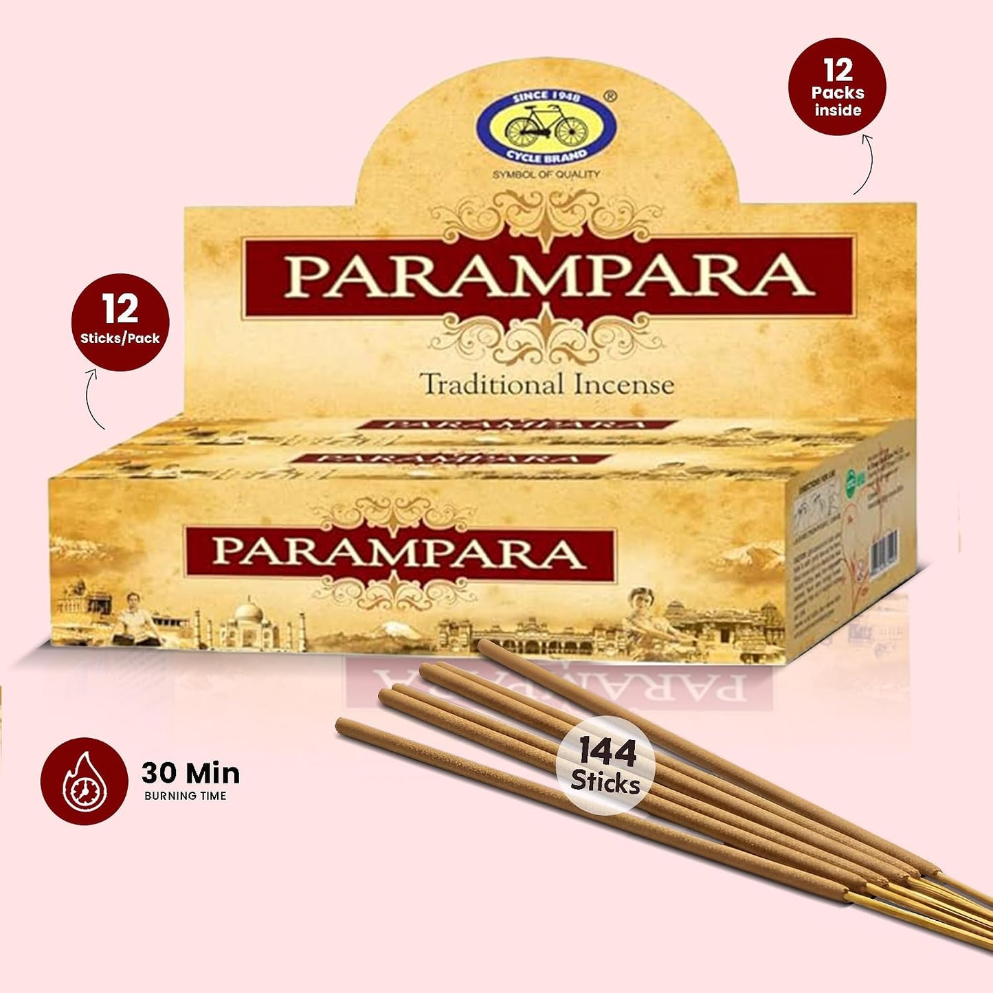 Cycle Parampara Premium Incense Sticks – Sandalwood Masala Incense with Earthy Warmth for Relaxation, Rituals & Mindfulness – 12 Sticks/Pack, 12 Packs/Box (8 Inch, 144 Sticks) | 30 Minutes Burn Time
