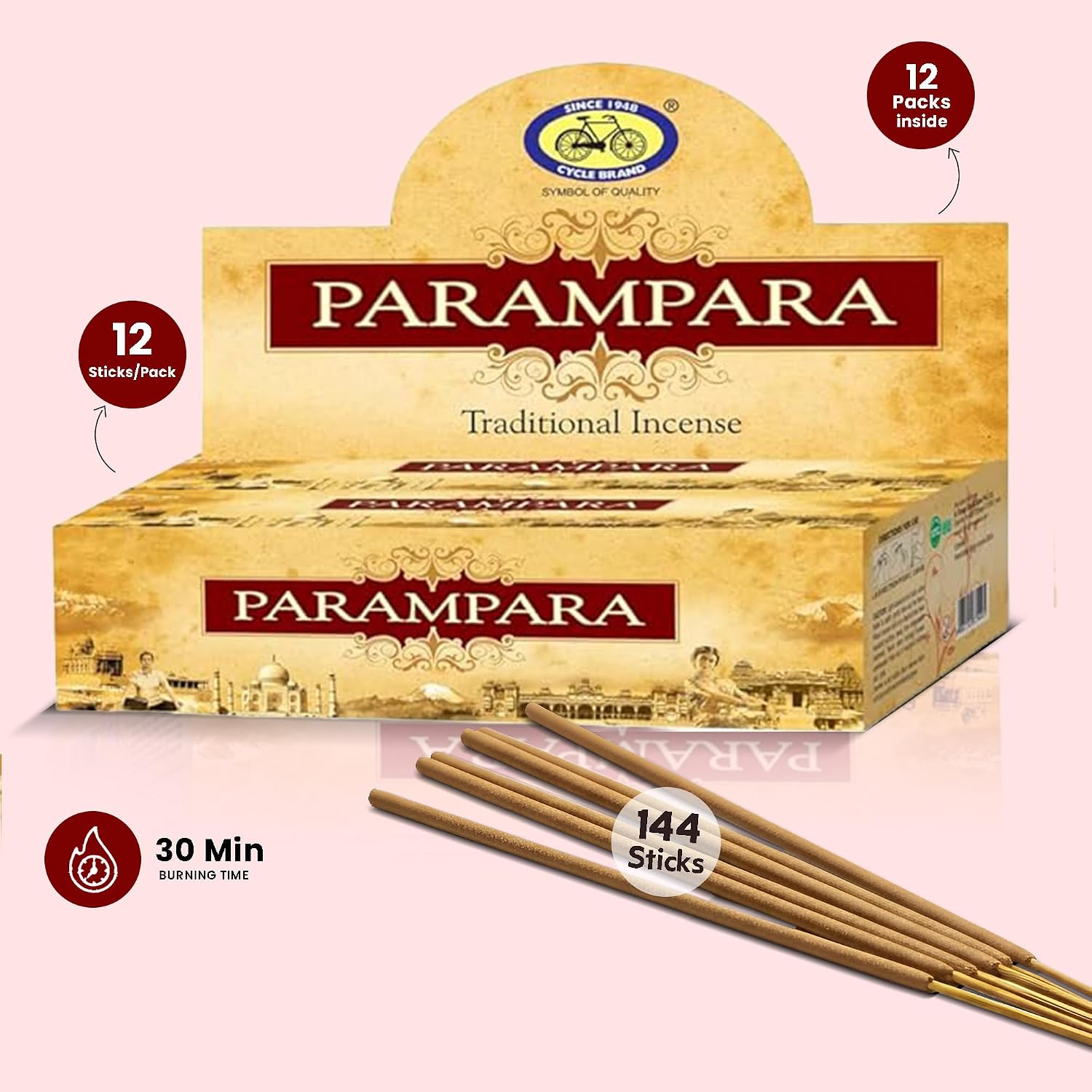 Cycle Parampara Premium Incense Sticks – Sandalwood Masala Incense with Earthy Warmth for Relaxation, Rituals & Mindfulness – 12 Sticks/Pack, 12 Packs/Box (8 Inch, 144 Sticks) | 30 Minutes Burn Time