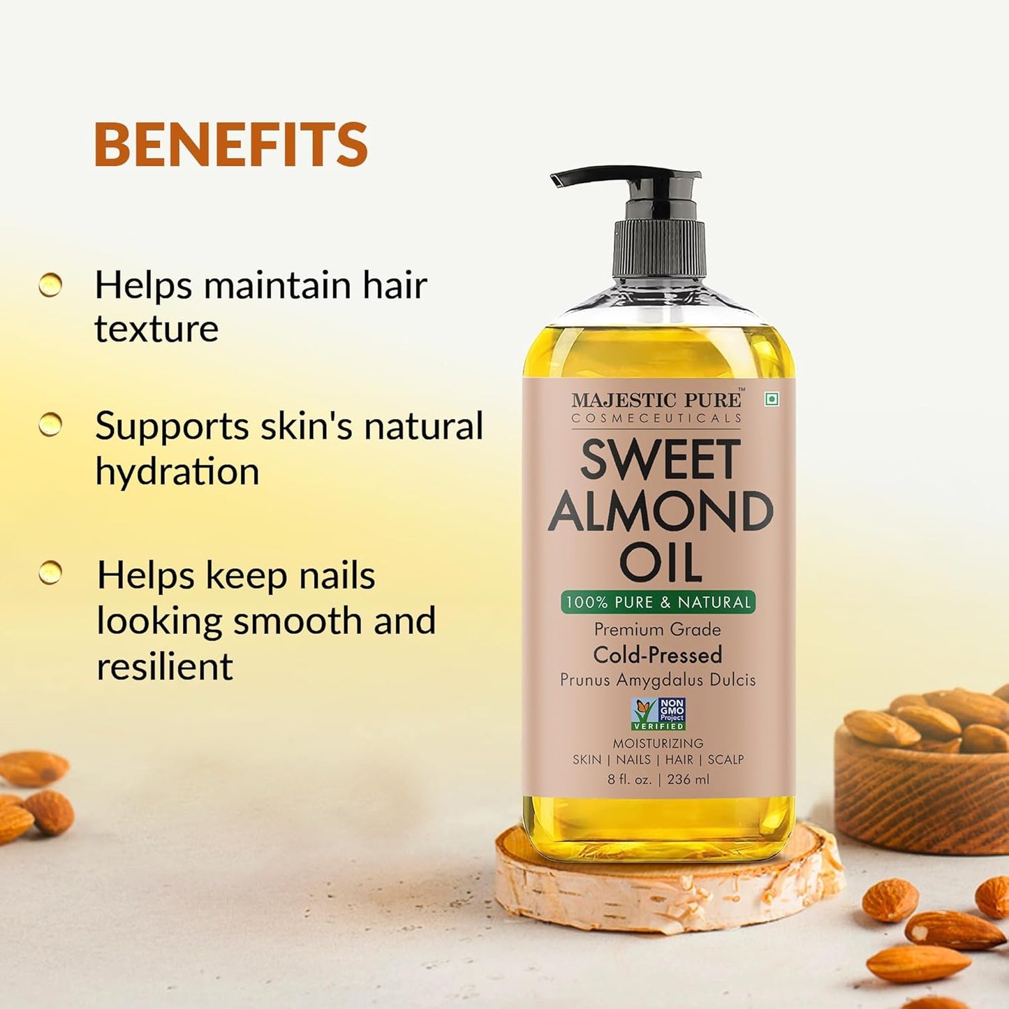 Majestic Pure Oil - 100% Pure and Natural- Cold Pressed & Hexane Free Natural Hair Growth Oil for Eyelashes, Eyebrows, Skin, Body, Face, Nails & Scalp - Sweet Almond Oil 8 Fl Oz