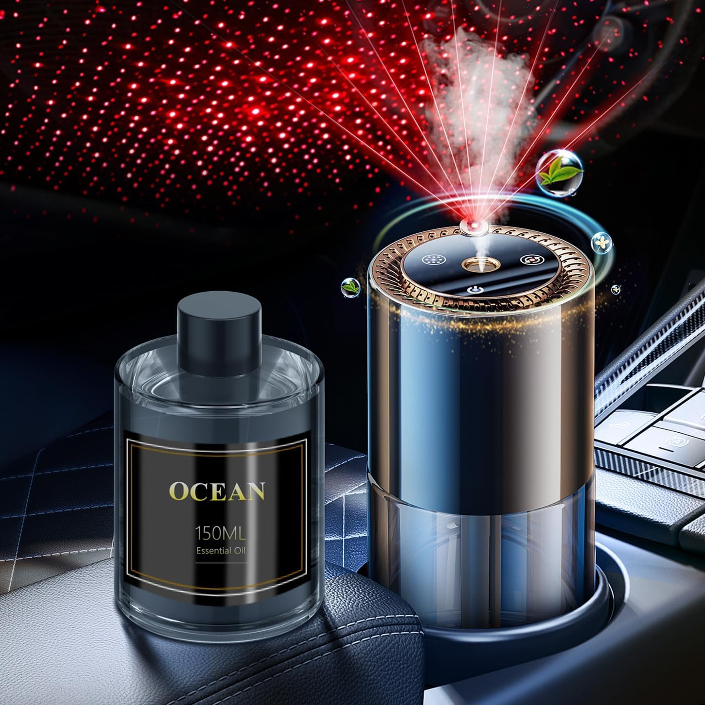 Smart Car Air Freshener Diffuser with Starry Sky Projection and 50ml Perfume, 3 Mode Adjustable Rechargeable Car Aroma Diffuser,Auto On/Off Intelligent,Cologne