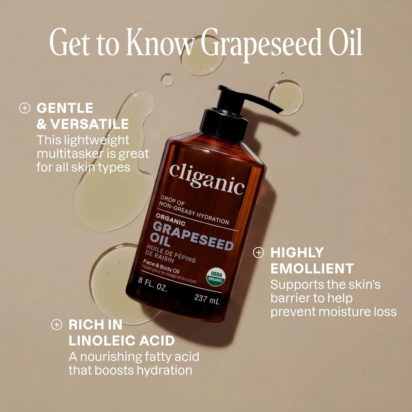 Cliganic Organic Grapeseed Oil, 100% Pure - For Skin, Hair & Face | Natural Cold Pressed Unrefined