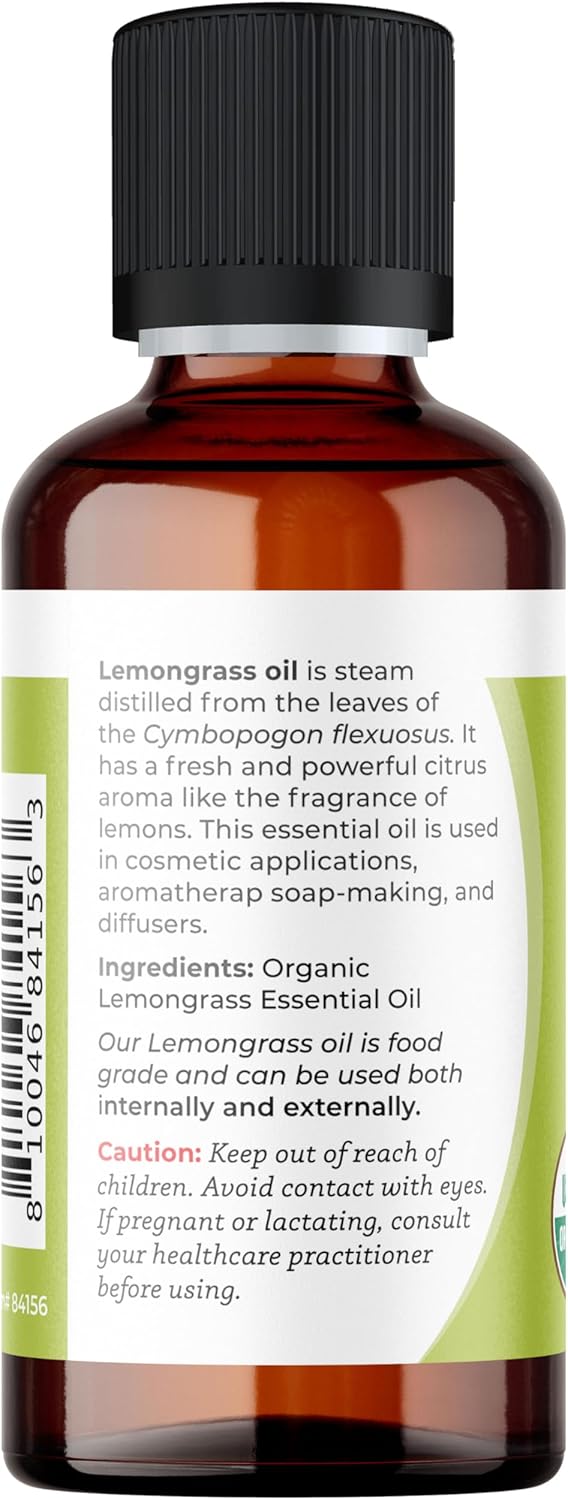 Viva Doria Lemongrass Essential Oil, USDA Certified, Organic Lemongrass Oil, 100% Pure, Natural Essential Oil, Undiluted, for Aromatherapy | Food Grade, 30 mL (1 Fluid Ounce)