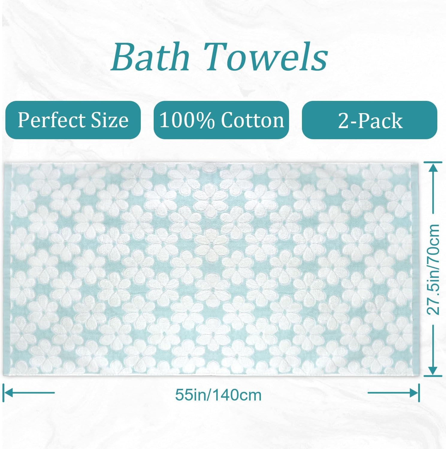 Cotton Towels for Bathroom Decor with Floral Jacquard, Super Soft and Absorbent Bath Towel Set of 2, Large Size 27.5x55 Inches