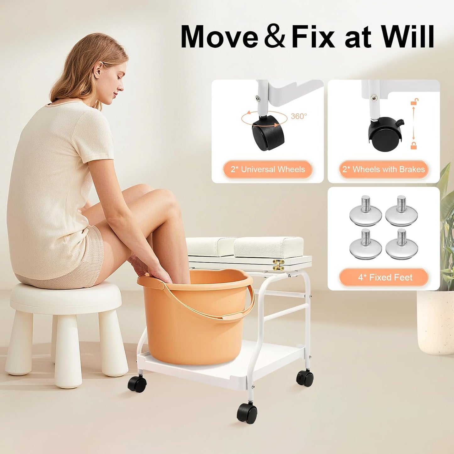 Foot Bath Trolley, Floorstanding Pedicure Foot Spa Trolley, Pedicure Foot Rest with 4 Plastic Universal Silent Wheels and Collapsible Board, Portable Footrest Stand Cart for Beauty Parlor Bathroom
