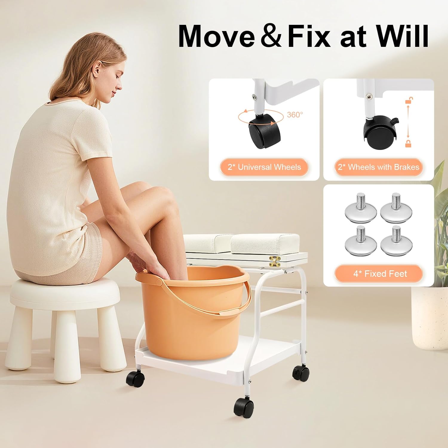 Foot Bath Trolley, Floorstanding Pedicure Foot Spa Trolley, Pedicure Foot Rest with 4 Plastic Universal Silent Wheels and Collapsible Board, Portable Footrest Stand Cart for Beauty Parlor Bathroom