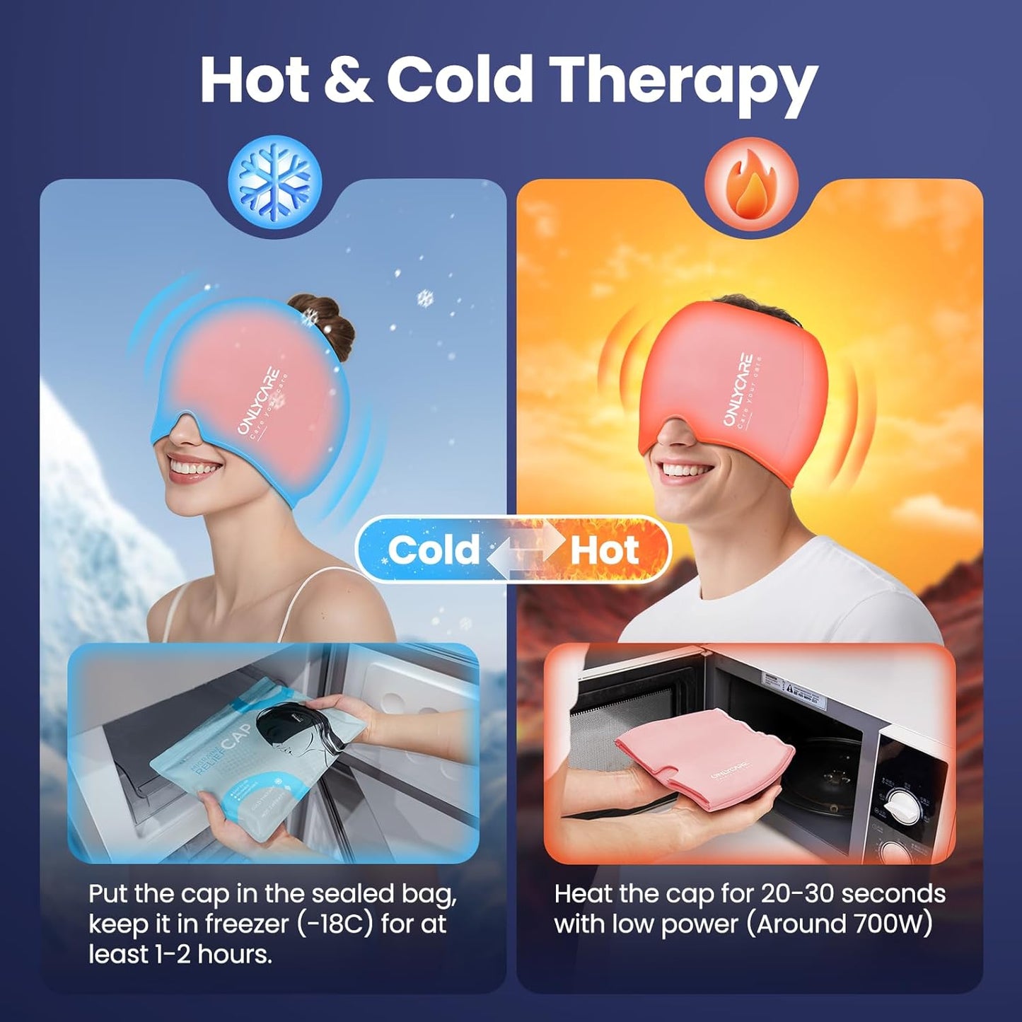 ONLYCARE Migraine Relief Cap, Soothing Headache Ice Face Pack Mask, Headache Relief Hat for Migraine Relief, Cold Compress Head Wrap for Sinus, Tension, Stress & Hangover, Self Care Gifts for Women