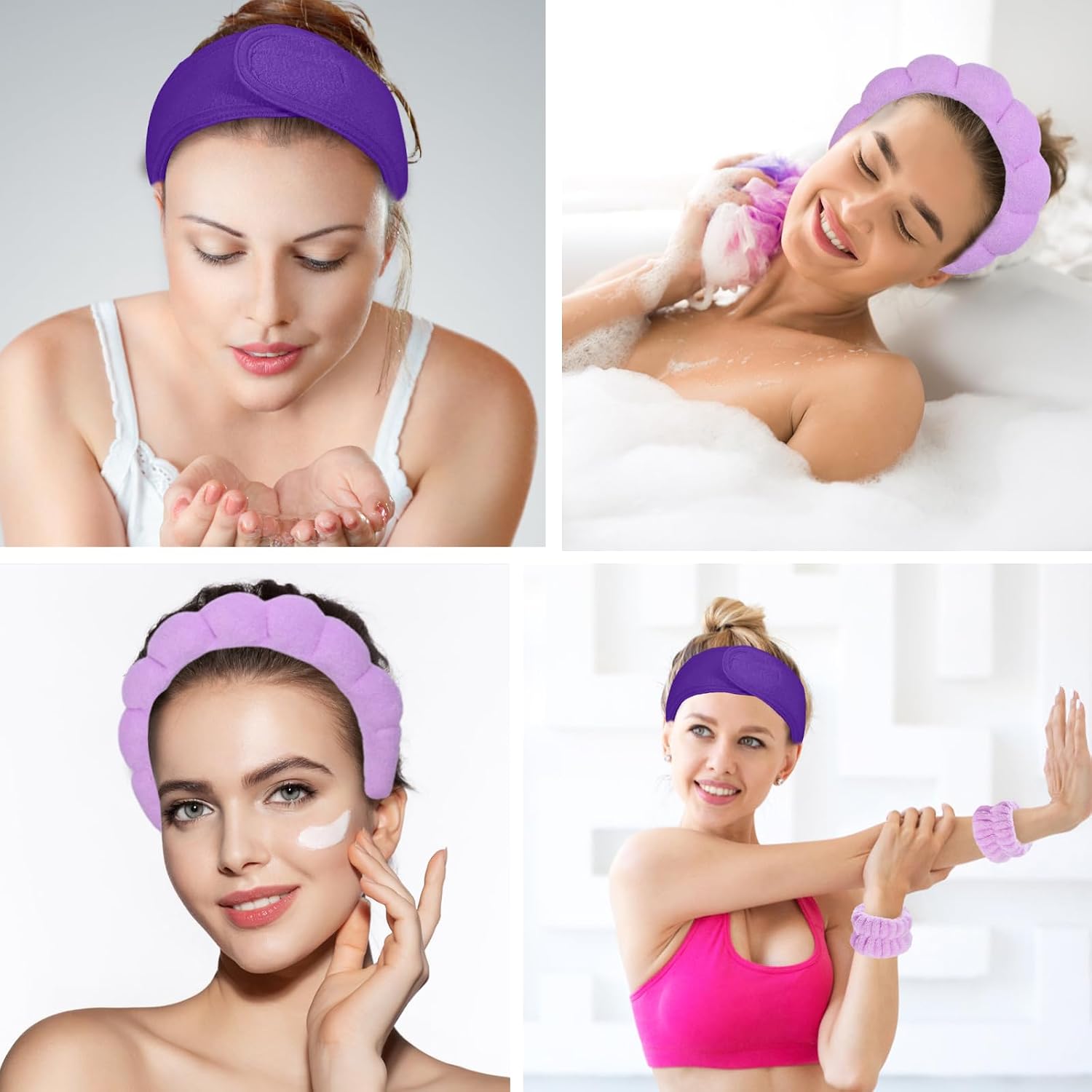 20 Piece Spa Set, Face Wash Headband and Wristband, Bubble Headband, Gifts for Ladies, Women's Headbands (Purple)