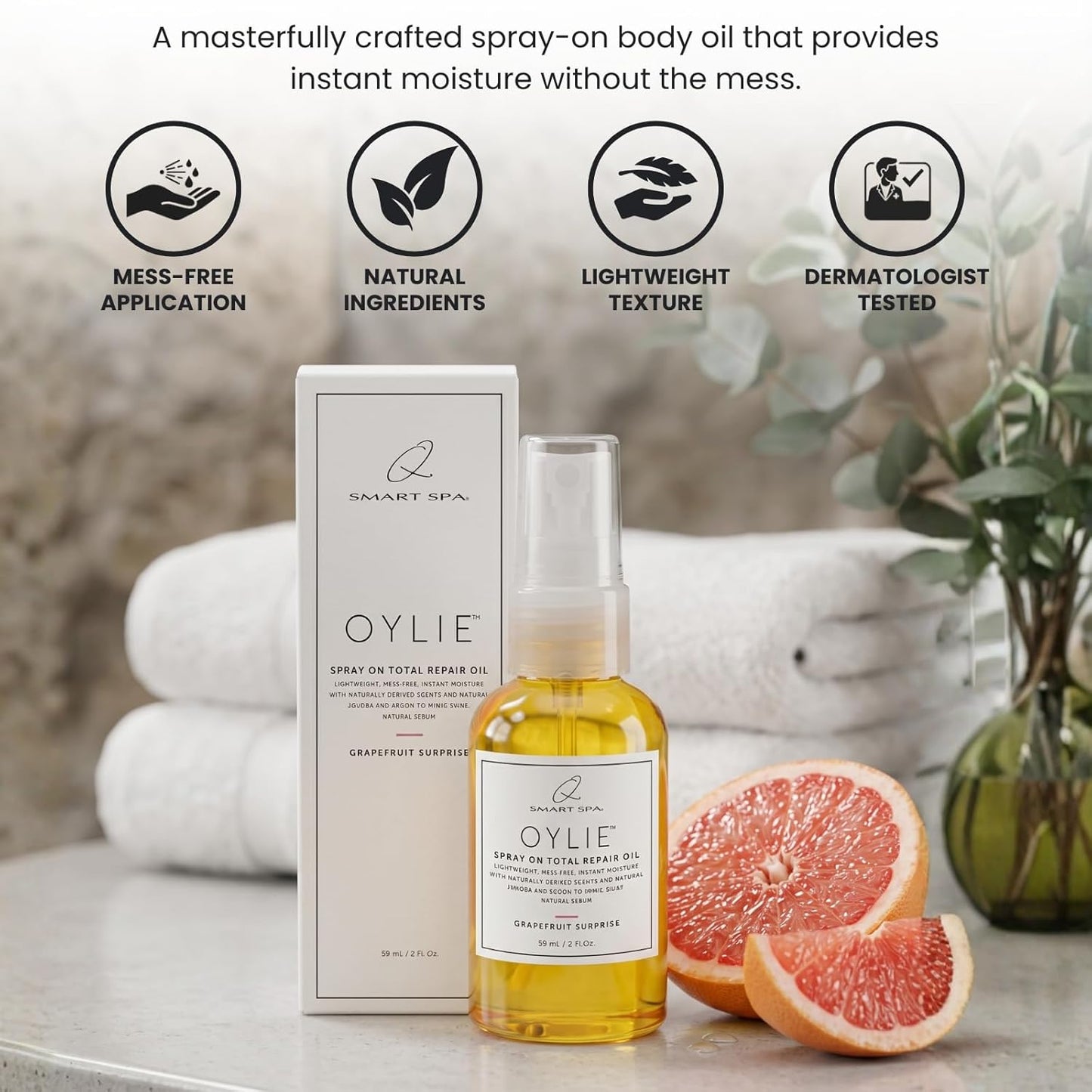 QTICA Oylie Spray On Total Repair Body Oil | Lightweight Spray Oil with Natural Jojoba & Argan Oil for Instant Moisture Smooth Finish Deep Hydration Soft Supple Looking Skin 2oz (Grapefruit Surprise)