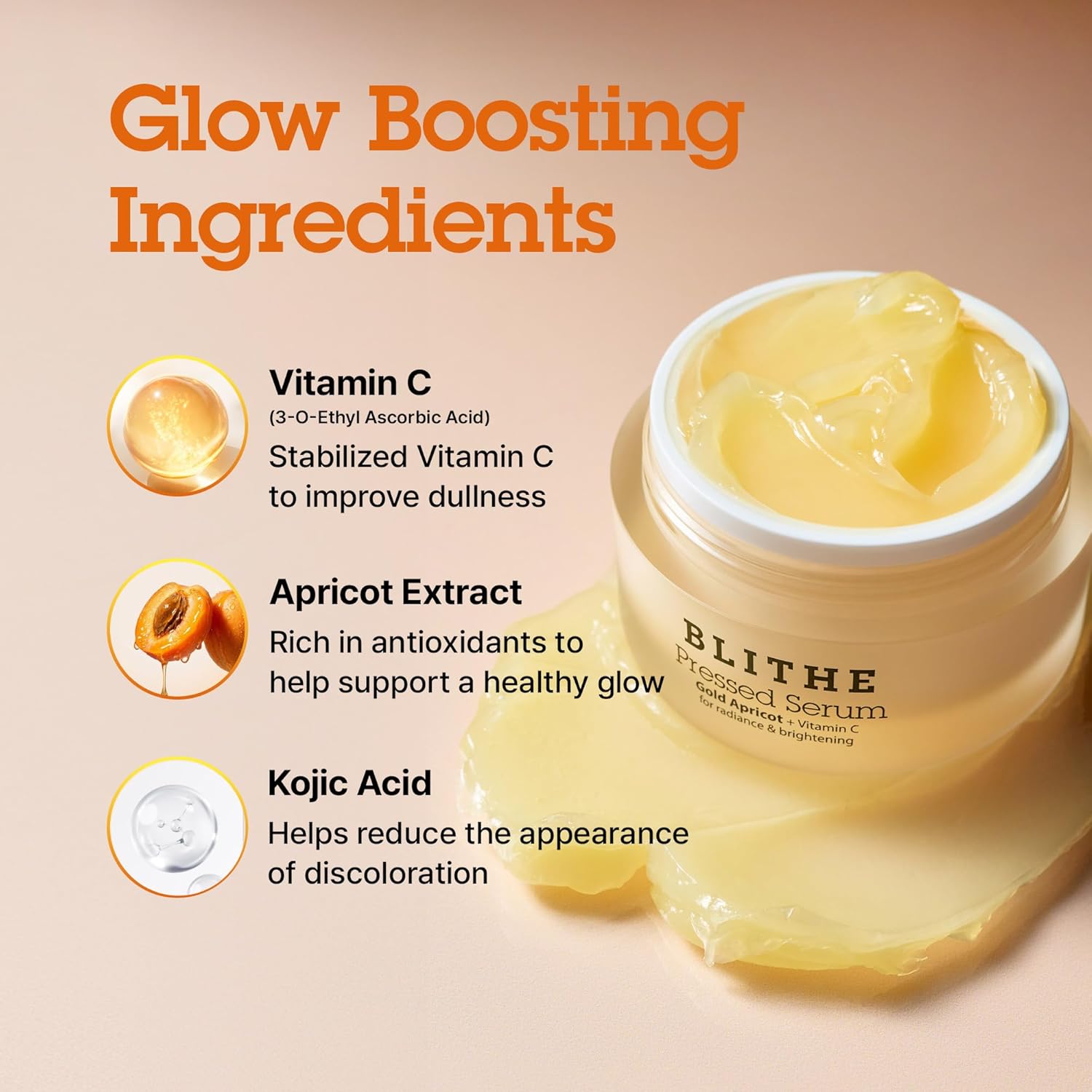 BLITHE Pressed Serum Gold Apricot With Kojic Acid & Vitamin C | Glow Serum for Face | Glass Skin Korean Skincare & Face Moisturizer for Dry Skin, 0.91 fl oz