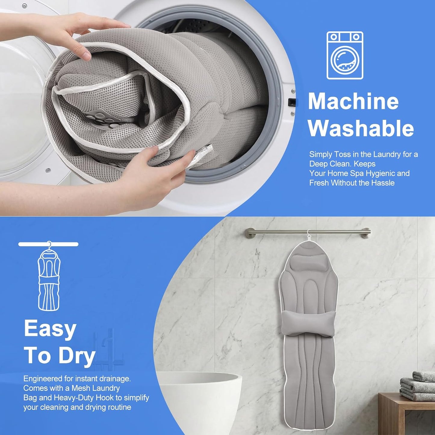 Full Body Bath Pillow for Bathtub, Thick 5D Air Mesh Luxury Spa Tub Cushion with Adjustable Lumbar Support, Extra Long Bathtub Pillow for Head and Neck Back, 192 Non-Slip Suction Cups, Gray, 56" x 19"