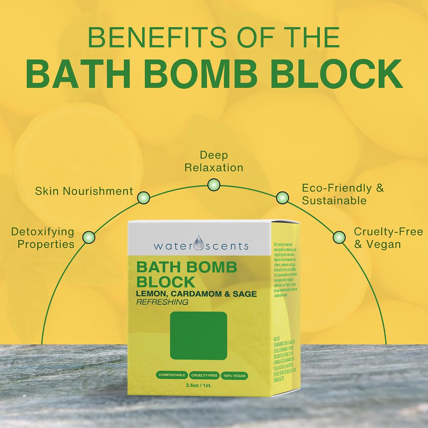Water Scents Purity Bath Bomb Block | Vegan, Natural & Cruelty-Free | Aromatherapy Bath Soak with Lemon, Cardamom & Clary Sage | Refreshing & Moisturizing, Handmade in USA – 3.5 oz (1-Pack)