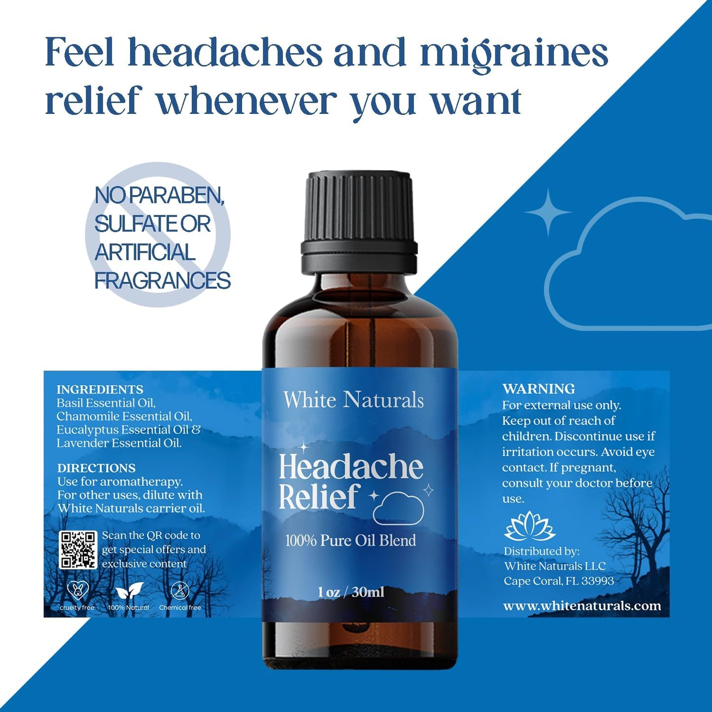 White Naturals Headache Relief Essential Oil Blend – Soothing Aromatherapy Oil for Tension & Headache Relief, 100% Pure & Natural Essential Oils for Calm & Relaxation, 1oz