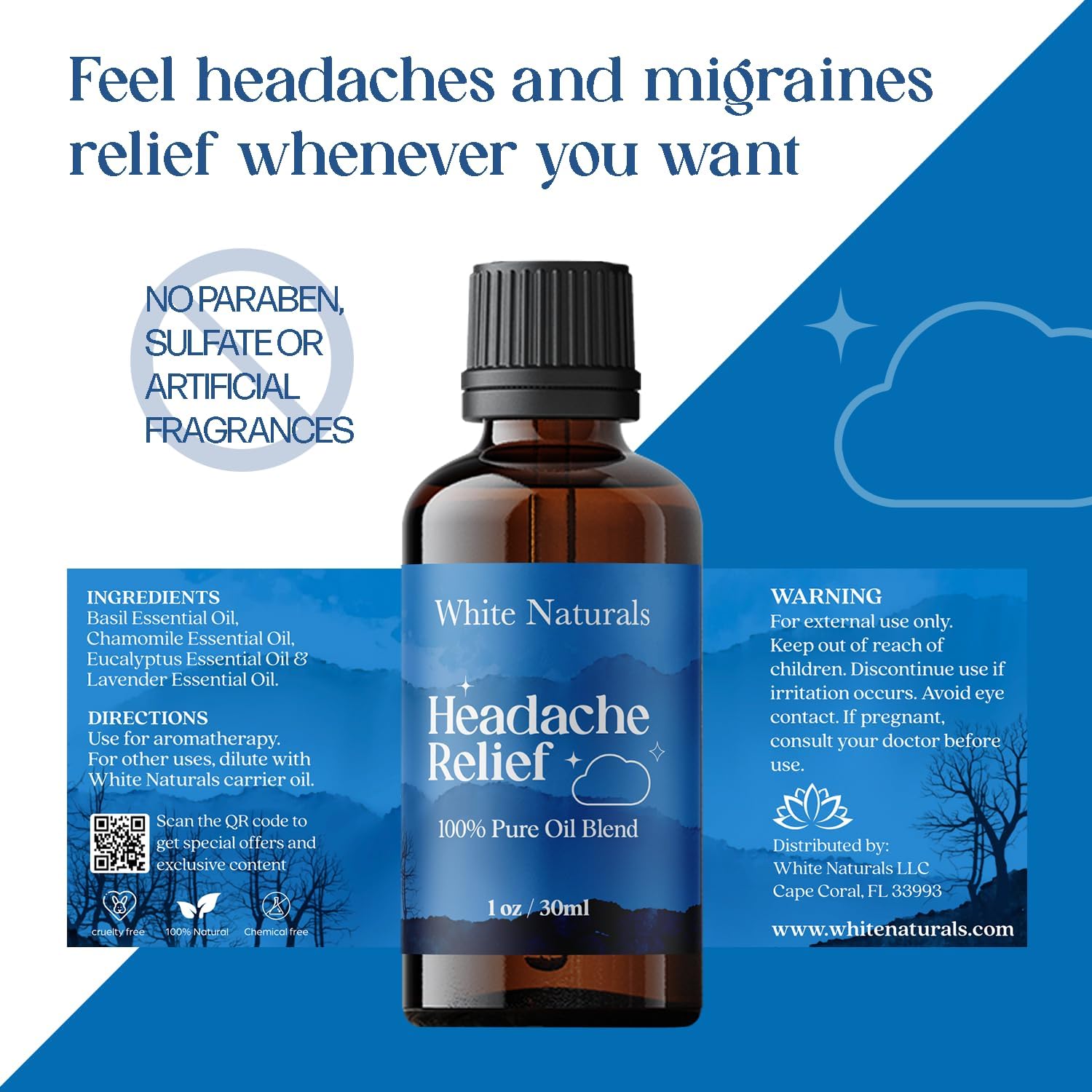 White Naturals Headache Relief Essential Oil Blend – Soothing Aromatherapy Oil for Tension & Headache Relief, 100% Pure & Natural Essential Oils for Calm & Relaxation, 1oz