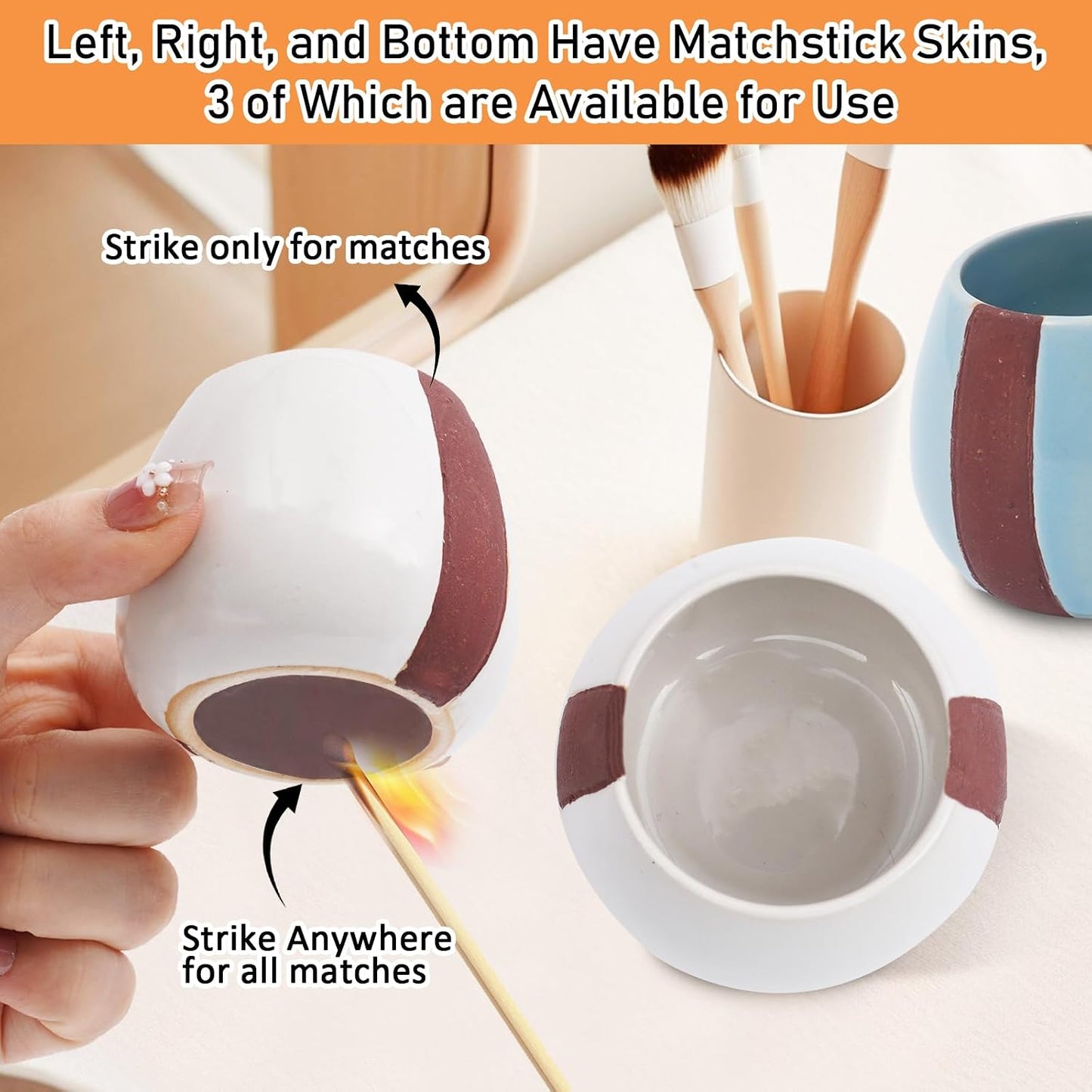 Ceramic Match Holder with Striker - Pack of 2 - Strike Anywhere Decorative Matches in a Jar Box with Striker Modern Home Decor Gifts (Match NOT Included)