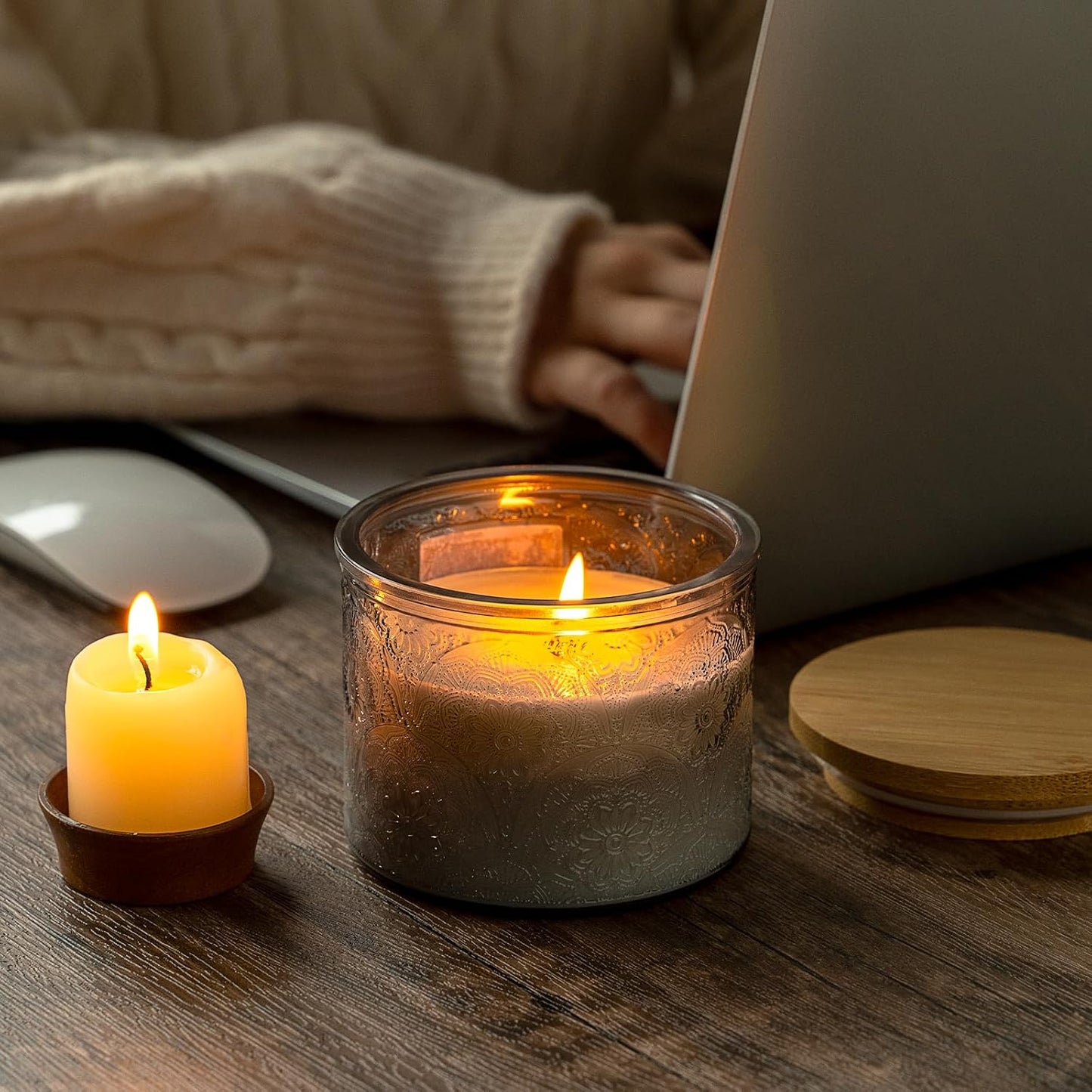 10 oz Gray Mandala Glass Candle Jars with Bamboo Lids, 9 Pack | Patented Embossed Design, Includes Wick Centering Devices & Warning Labels, Multiple Color Options