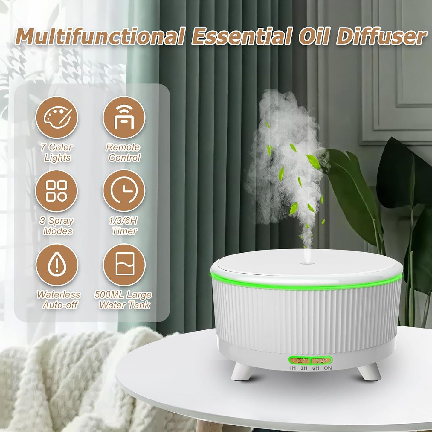 Essential Oil Diffuser for Large Room 500ml,Diffusers for Home with R/C,Aromatherapy Diffuser Waterless Auto Off,Cool Mist Humidifier 7 Colors Light & 3 Mist Modes for Bedroom Women Office White