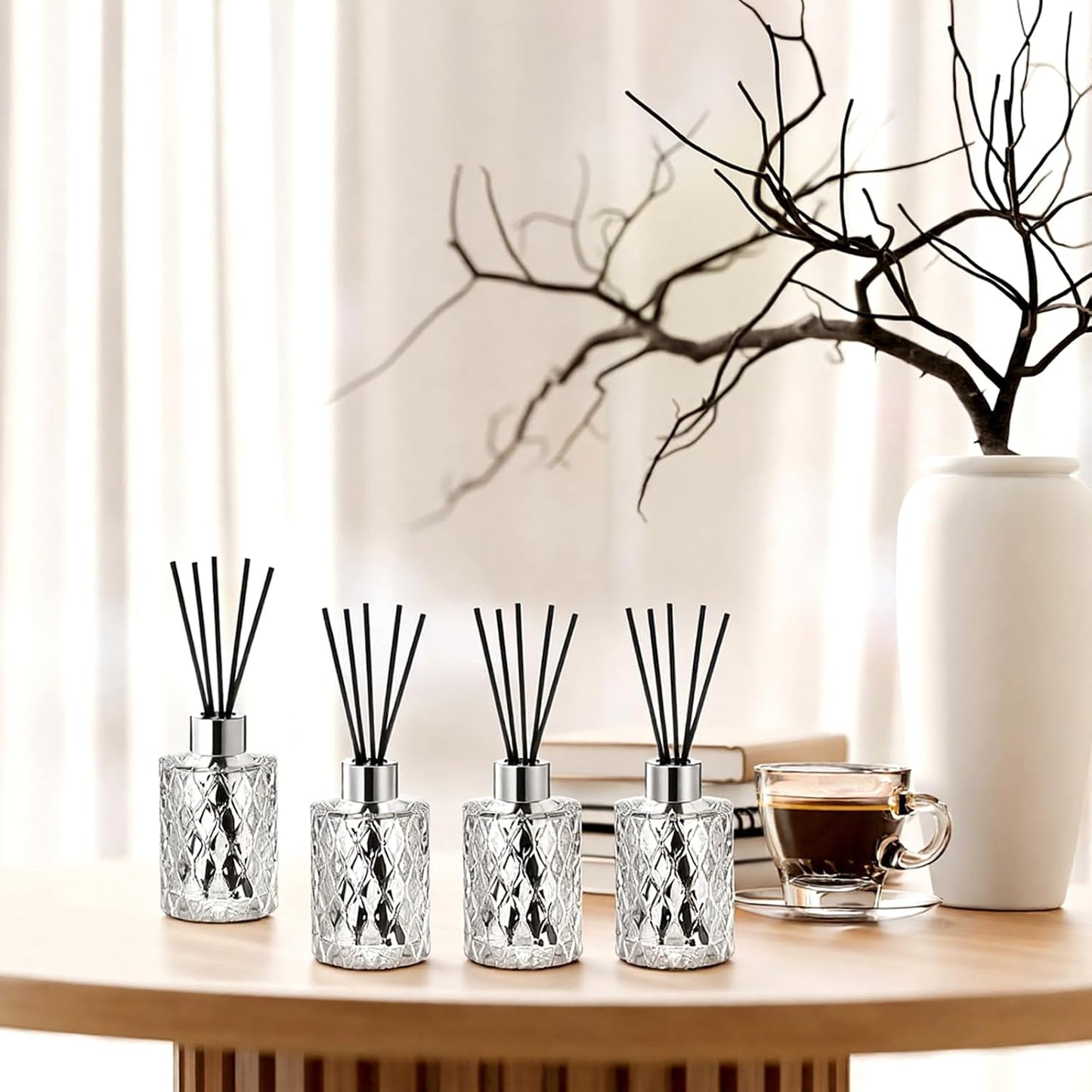 4 Set Empty Reed Diffuser Bottle Set with Stick, 150ml Refillable Patterned Glass Vase with Black Rattan Reed & Cap for DIY Essential Oil, Home Fragrance, Bulk,Silver