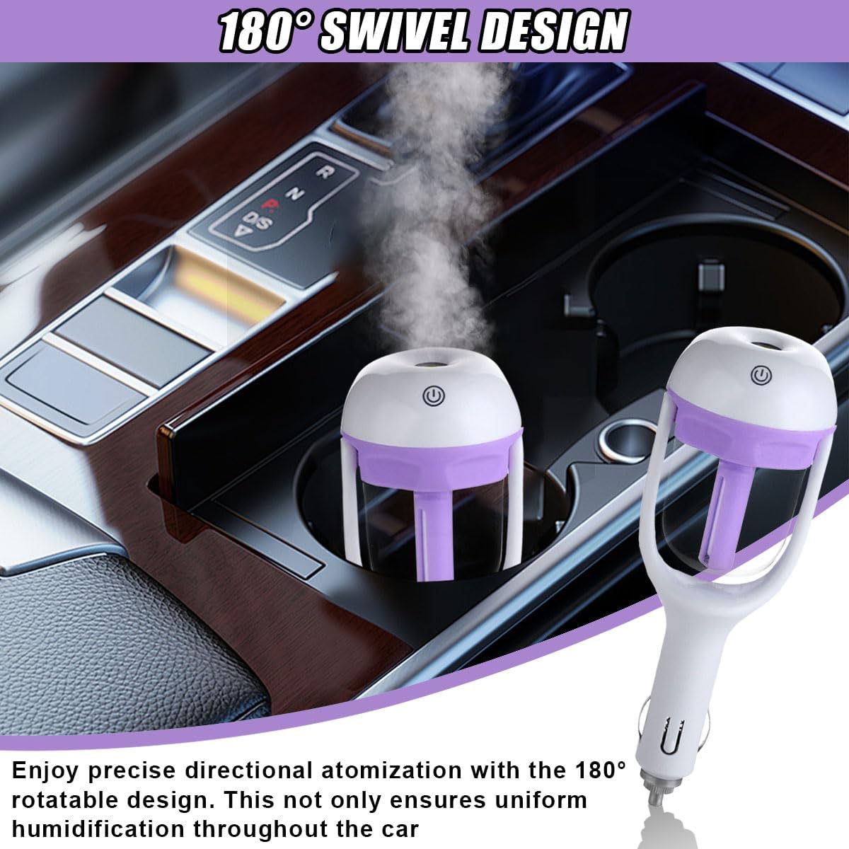 Car Humidifier, Portable Mini Aromatherapy Essential Oil Diffuser, 180-Degree Rotation Cool Mist Humidifier, Vehicle Air Freshener Diffuser with 12V Charging Port for Home Office (Purple)