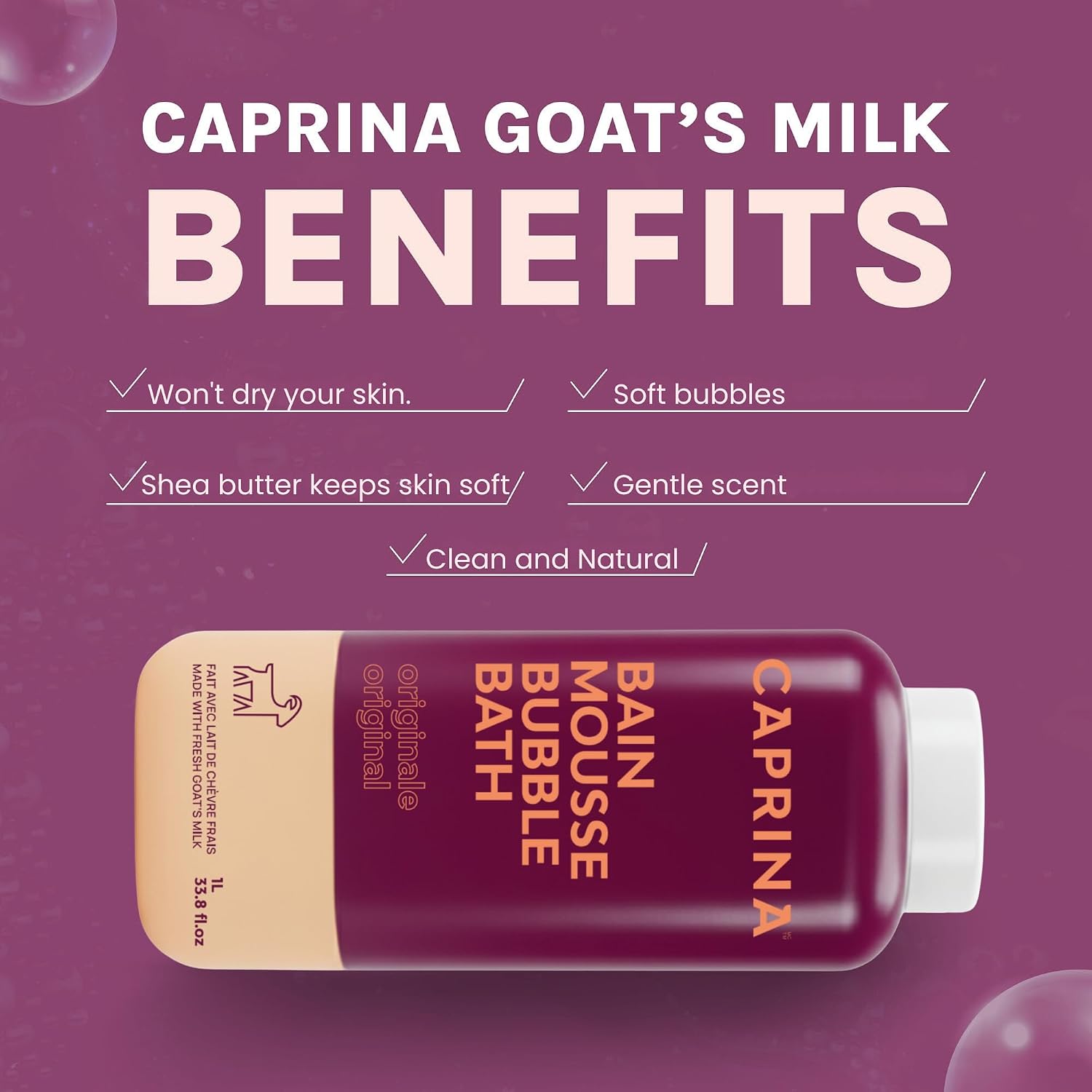 Caprina by Canus Goat Milk Bubble Bath, Original, 1 L (33.8 fl oz), Hydrating Relaxing Foam Bath, Moisturizing & Gentle on Skin, Made in Canada