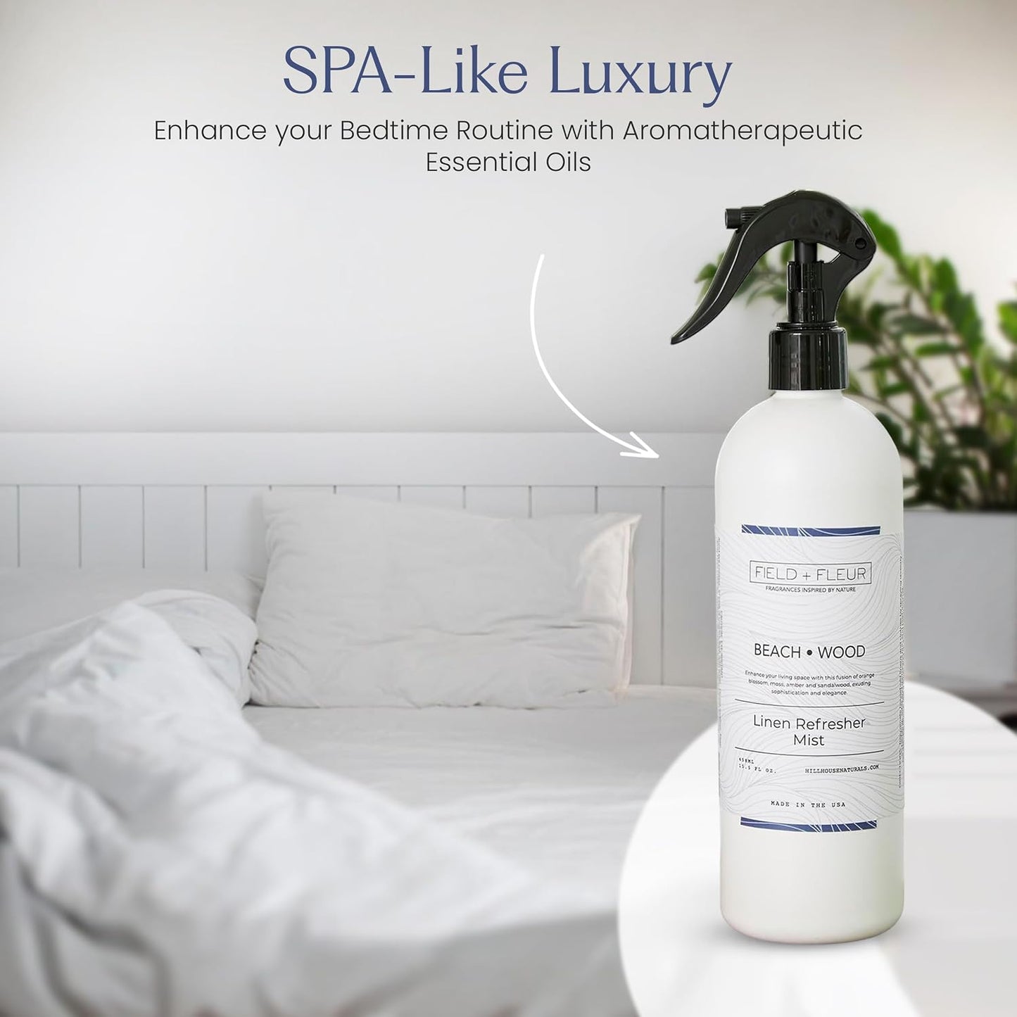 Field + Fleur - Linen Refresher Mist - Aromatic Spray for Fabrics - Refresh Bedding, Curtains & More - Notes of Orange Blossom, Moss, Amber & Sandalwood - Made in the USA -Beach Wood Scent -15.5 Fl Oz