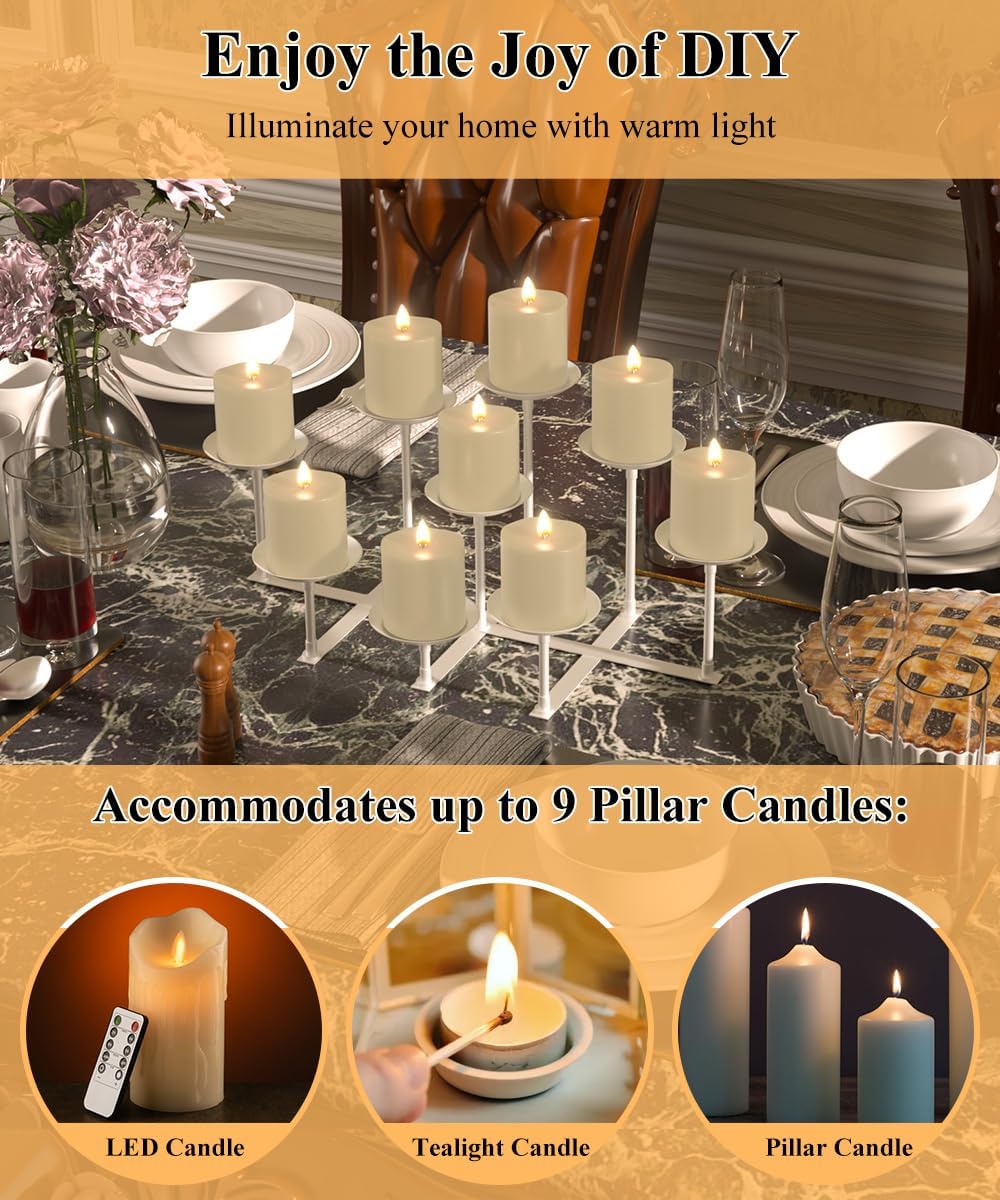 Fireplace Candle Holder with 9 Wax Pillar Plates, Candelabra Floor Mantle Iron Candles Stand for Inside Fire Place Decor Table Centrepiece Wedding Party Advent Decoration, White