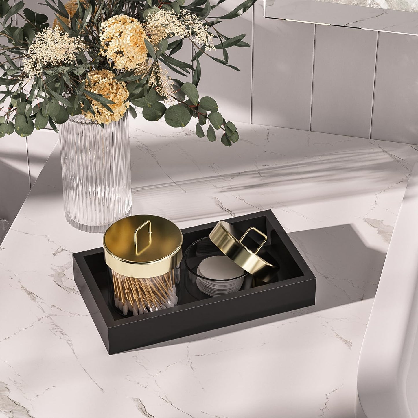 ZHWS Small Bathroom Vanity Tray for Countertop Makeup Perfume Decor Candle Jewelry, Small Kitchen Tray for Soap Dispenser Spice Sponge Holder Black Toilet Tray 7.9”L x 4.4”W x 1.14”H