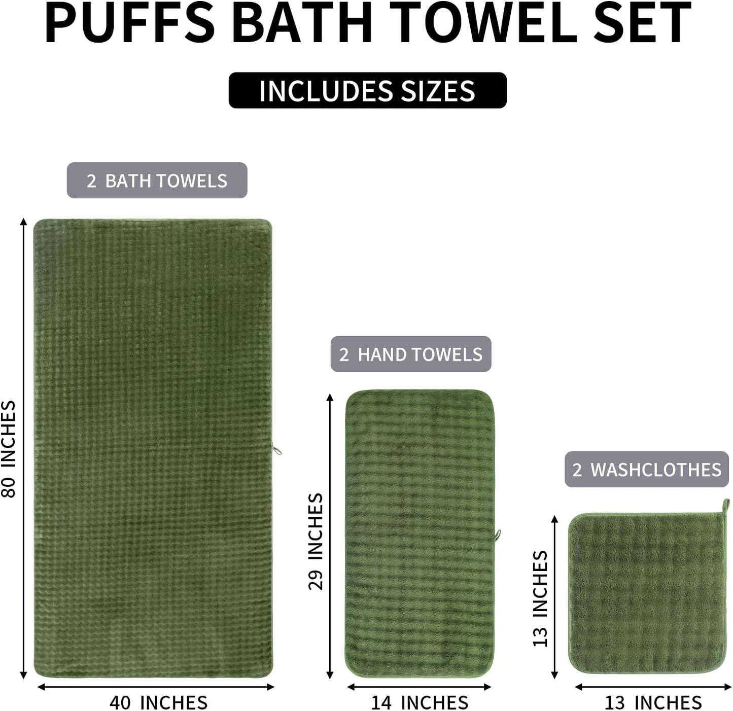 KBY Bath Towels Set 6 Piece 40x80 Inches，2 Extra Large Bath Sheets 2 Hand Towels 2 Washcloths，Highly Absorbent Quick Dry Microfiber,Ultra Soft Towel Set for Bathroom，Spa，Gym， Hotel (Olive Green)