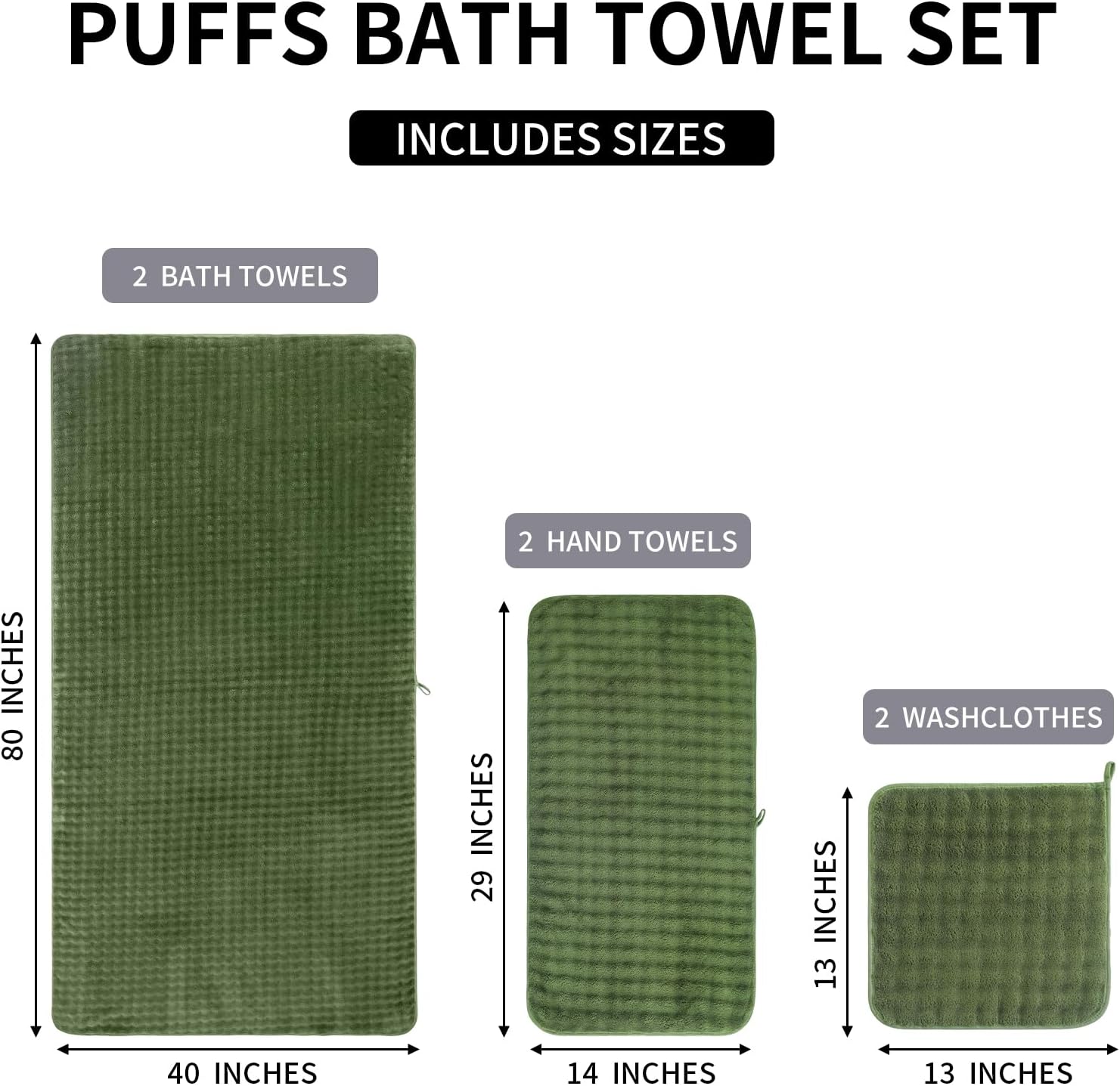 KBY Bath Towels Set 6 Piece 40x80 Inches，2 Extra Large Bath Sheets 2 Hand Towels 2 Washcloths，Highly Absorbent Quick Dry Microfiber,Ultra Soft Towel Set for Bathroom，Spa，Gym， Hotel (Olive Green)