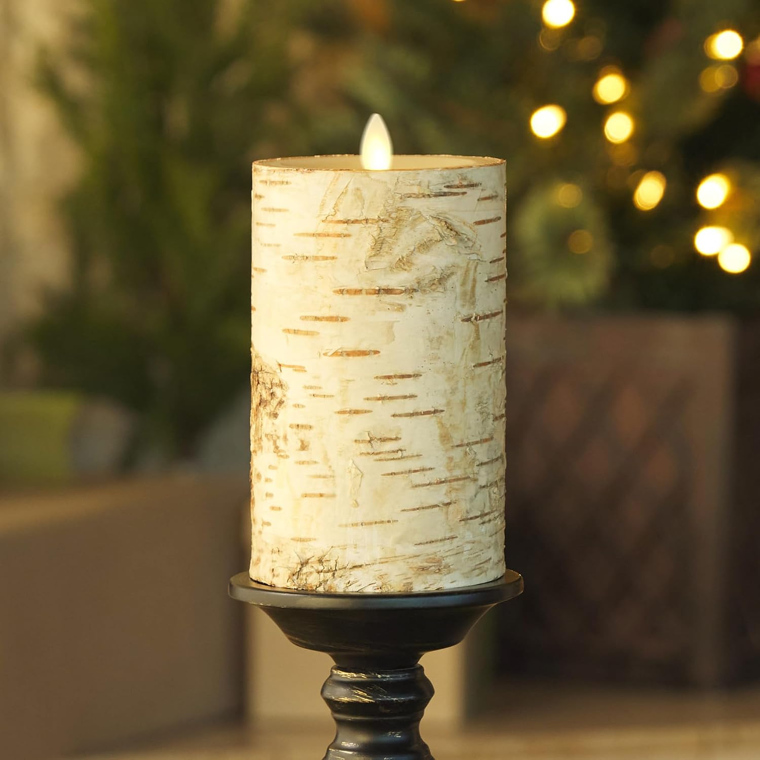 Luminara Real Birch Bark Wrapped Flameless LED Candle, 3.5" x 6.5", Battery Operated Moving Flame Pillar Light with Timer - Natural Decor Unscented