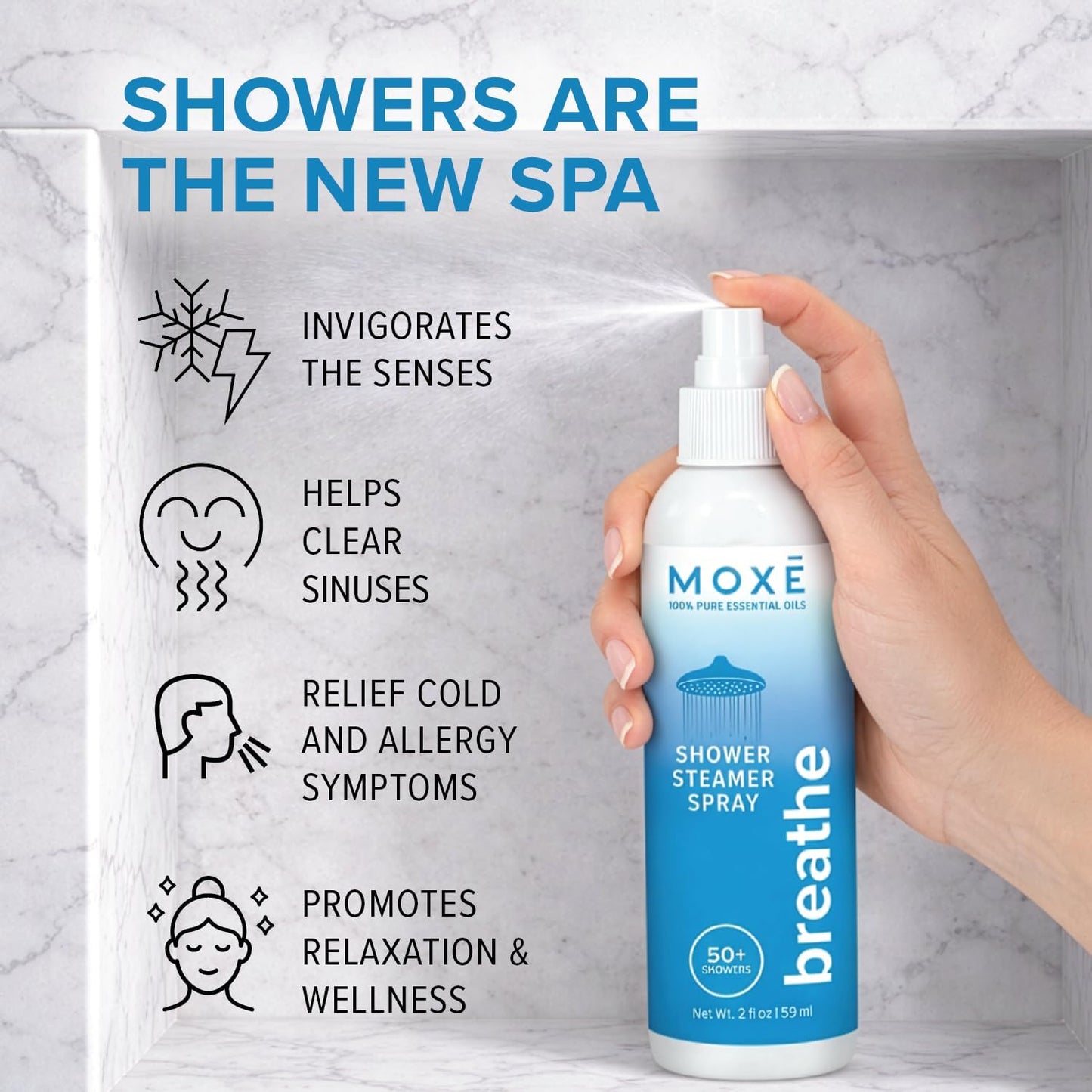 MOXĒ Shower Steamer Spray Breathe Essential Oil Shower Spray – Relaxing Aromatherapy Mist for Home Spa Experience – Pure Plant Based Fragrance for Daily Routine – 1 Pack, 2oz