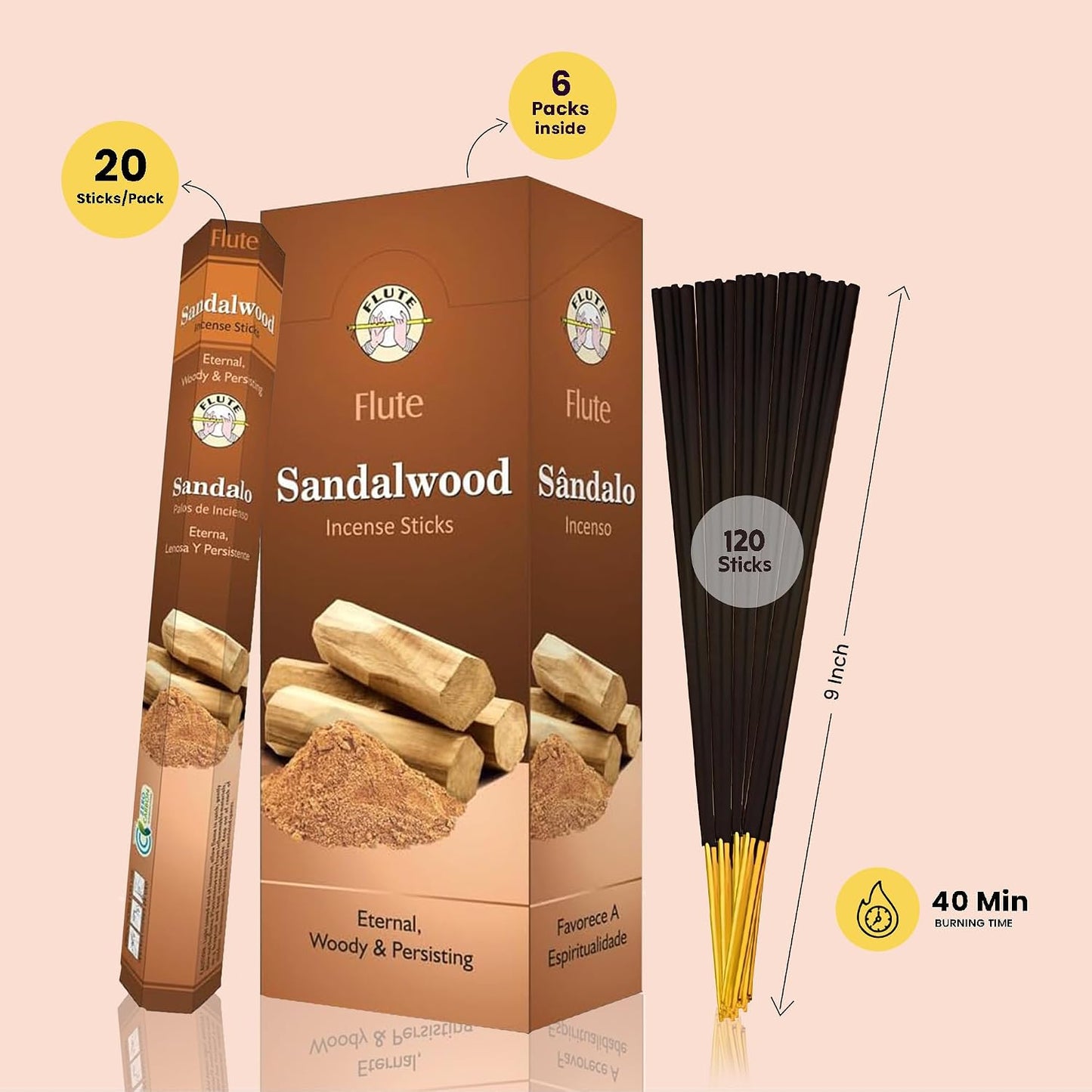 Flute Sandalwood Incense Sticks – Classic Woody Sandalwood Incense for Meditation, Prayer & Relaxation – 20 Sticks/Pack, 6 Packs/Box (9 Inch, 120 Sticks) | 40 Minutes Burn Time