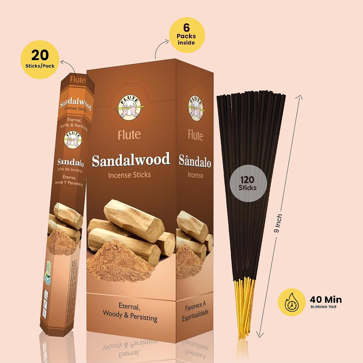 Flute Sandalwood Incense Sticks – Classic Woody Sandalwood Incense for Meditation, Prayer & Relaxation – 20 Sticks/Pack, 6 Packs/Box (9 Inch, 120 Sticks) | 40 Minutes Burn Time