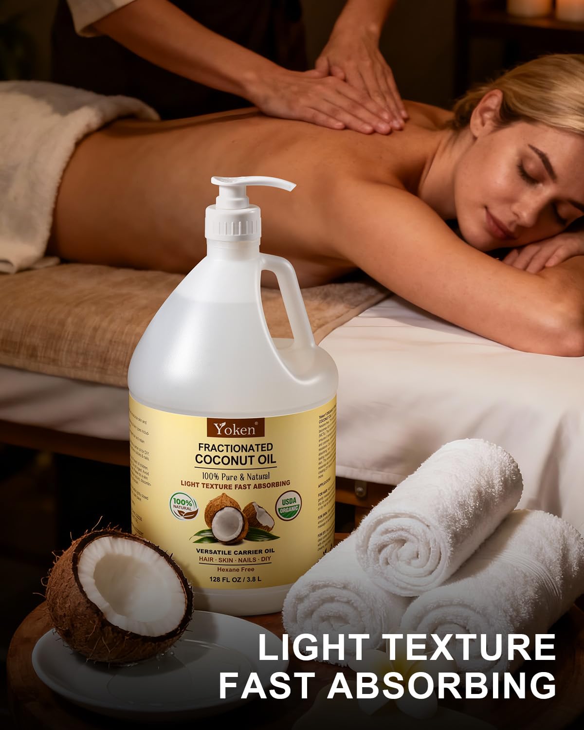 Yoken USDA Organic Fractionated Coconut Oil, 1 Gallon (128 Fl Oz), Liquid Coconut Oil for Massage & Bulk Use, Professional Body & Carrier Oil, Unscented, Hexane Free