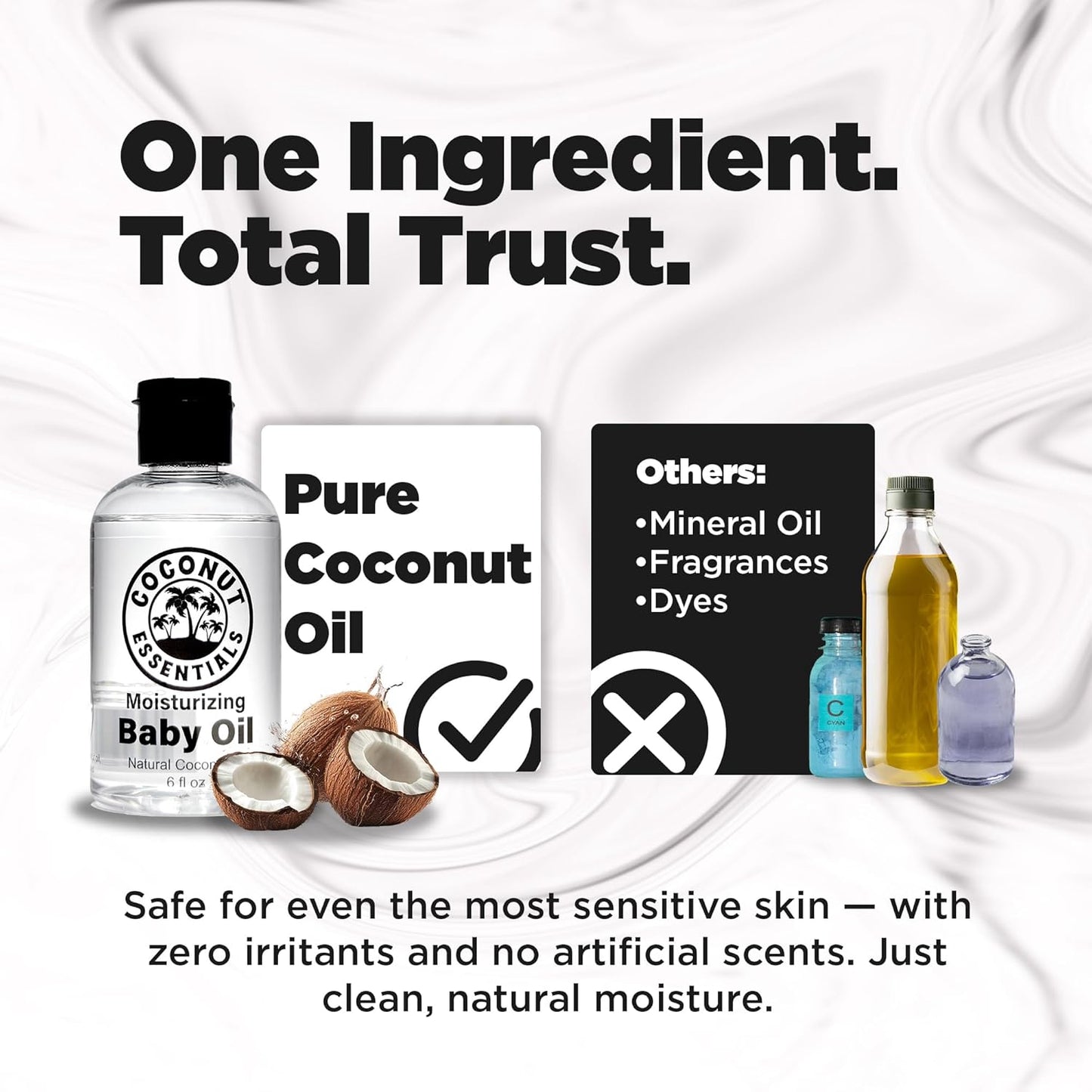 Coconut Essentials BABY OIL - Liquid Coconut oil (MCT) - No Mineral oil - Unscented Moisturizer - Infant & Newborn - Massage, Scalp Sensitive Skin, Eczema & Dry Skin Relief - Fragrance Free (6oz)