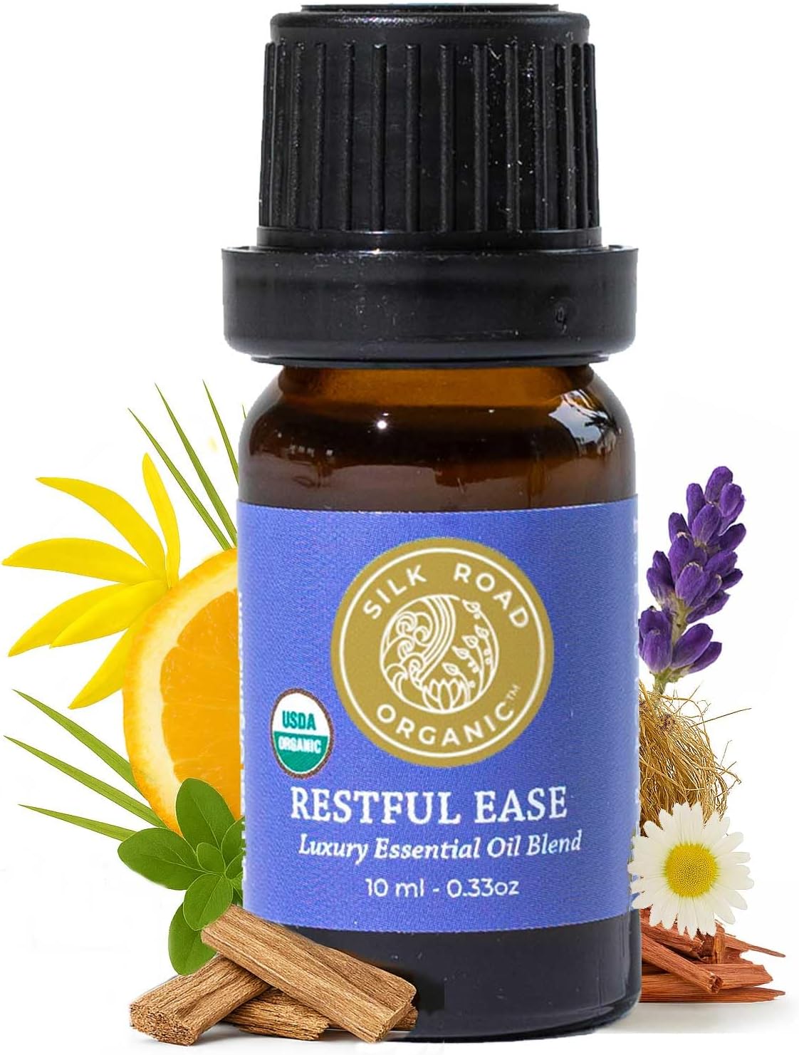 Silk Road Organic Restful Ease Essential Oil Sleep & Stress Blend - 100% Pure USDA Certified with Indian Sandalwood - Stress Ease Aromatherapy & Calming Relaxation - 10 ml Dropper