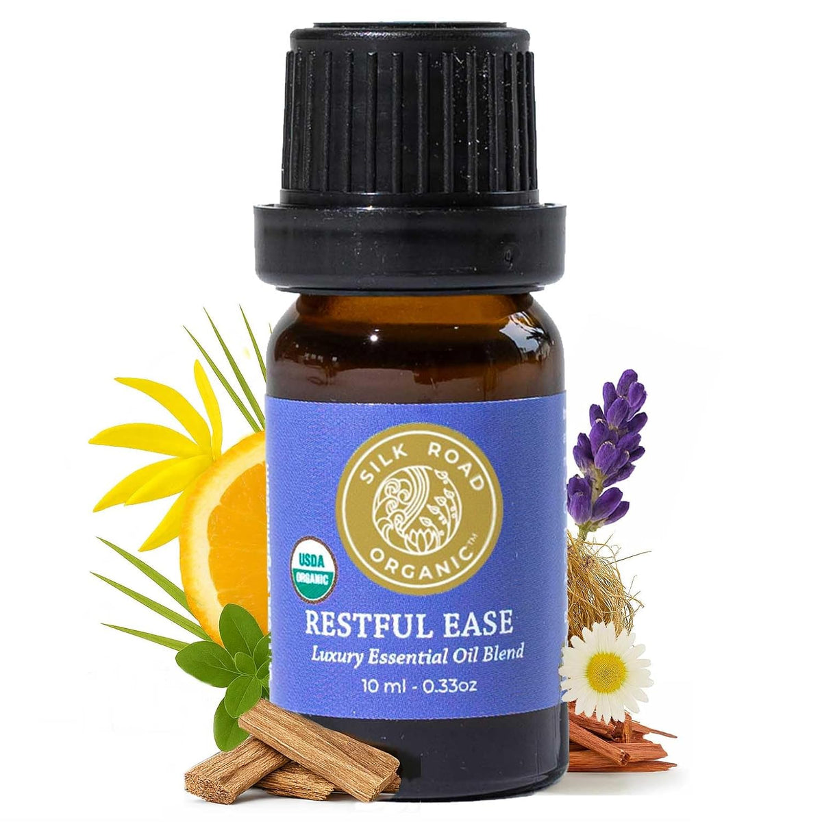 Silk Road Organic Restful Ease Essential Oil Sleep & Stress Blend - 100% Pure USDA Certified with Indian Sandalwood - Stress