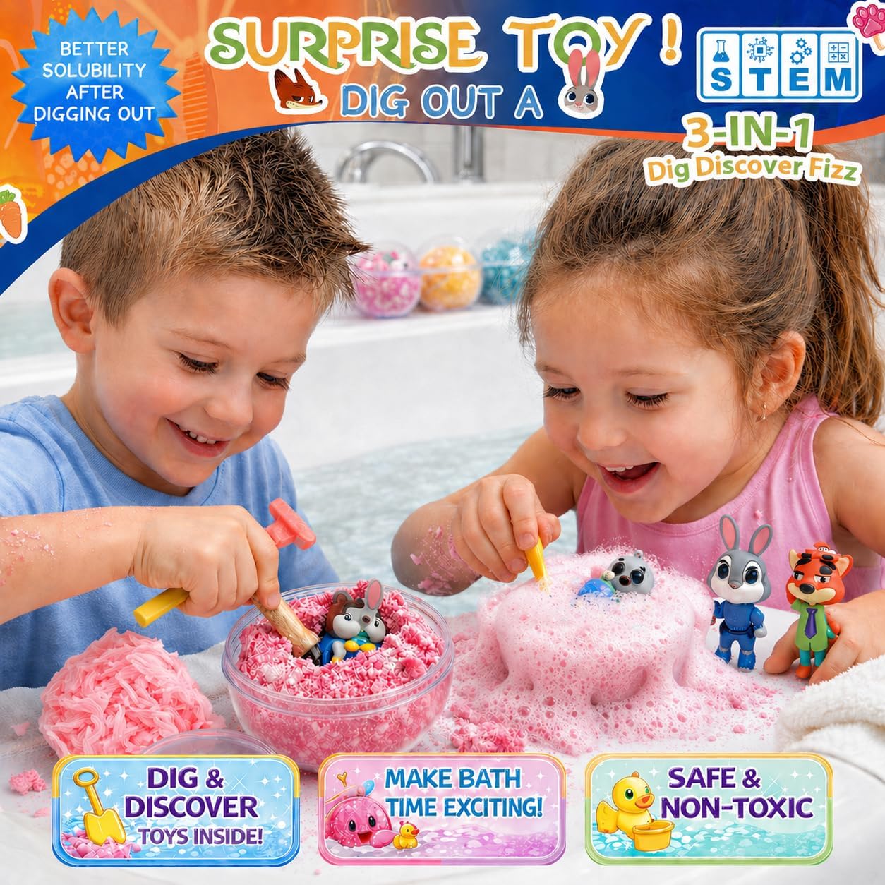 Bath Bombs for Kids: 3 in 1 Zoo City Dig a Bath Bombs with Toys Inside, Organic Bath Bomb Rich in Natural Essential Oils, Kids Bath Bomb for Dry Skin Moisturize, Summer Party Favors for Kids (6 Pcs)