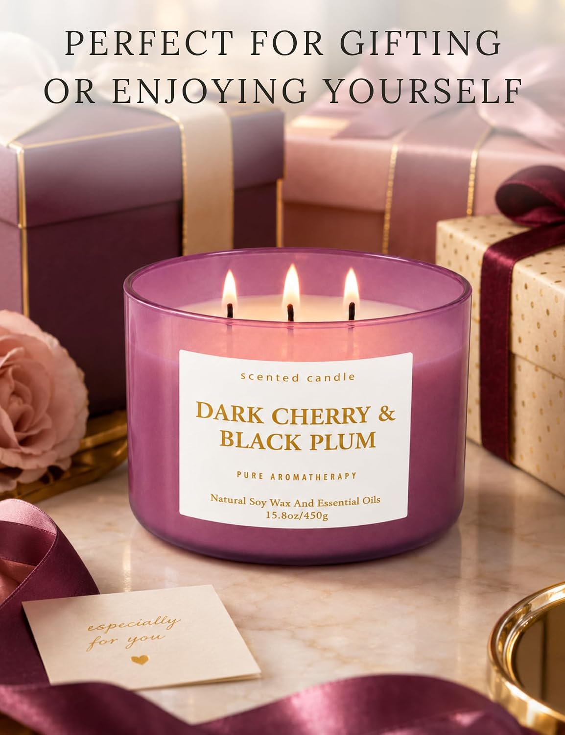 Dark Cherry Black Plum 3-Wick Soy Candle, 15.8 oz Scented Candle for Home | Black Cherry, Plum & Vanilla Notes, Aromatherapy, Highly Scented, Clean Burn, Summer & Fall candle, Gift for Women & Men