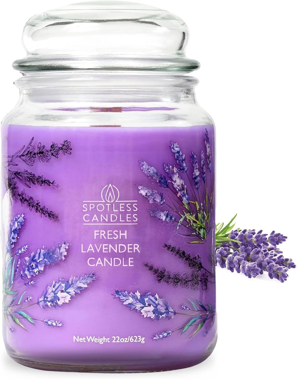 Lavender Candle 22oz: 130 Hours Burn Time, Large Jar Candle with Wooden Wick in a Decorated Jar with a Luxury Gift Box and Protective Shipper by Spotles Candles