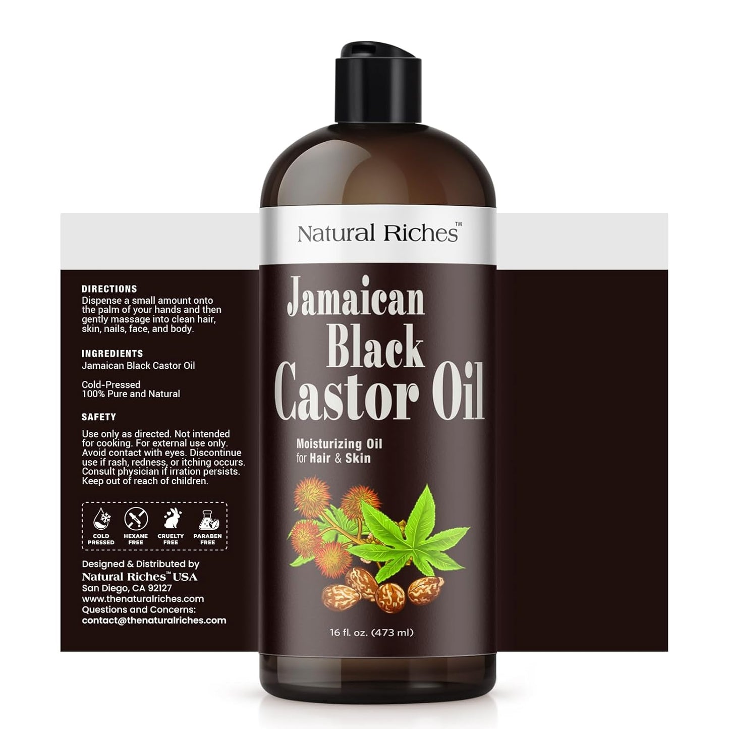 Natural Riches Jamaican Black Castor Oil Pure Organic Cold Pressed for Hair Growth Skin Care for Dry Skin Conditioning Eyebrows Eyelashes Scalp and Nail Moisturizes & Repairs 16fl.oz.