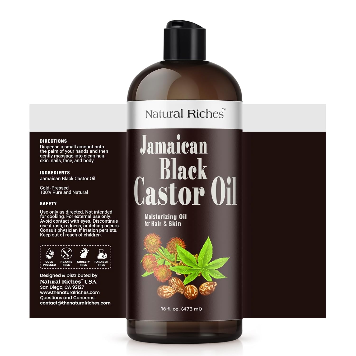 Natural Riches Jamaican Black Castor Oil Pure Organic Cold Pressed for Hair Growth Skin Care for Dry Skin Conditioning Eyebrows Eyelashes Scalp and Nail Moisturizes & Repairs 16fl.oz.