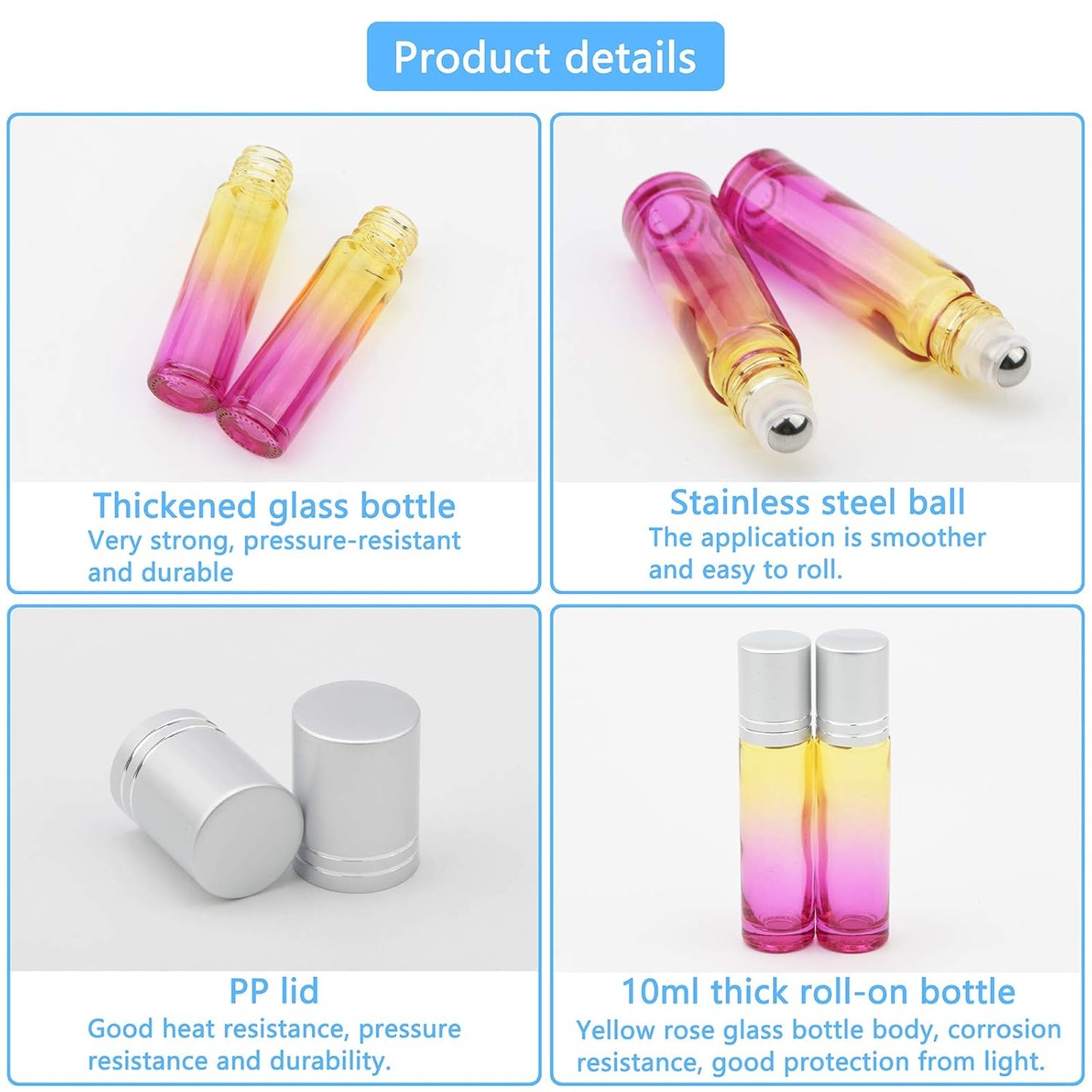 10Pcs Glass Rolling Bottles Set, 10ml (1/3oz) Yellow Rose Gradient Roll on Vials with Funnels for Essential Oil Aromatherapy Perfume Liquid Massage