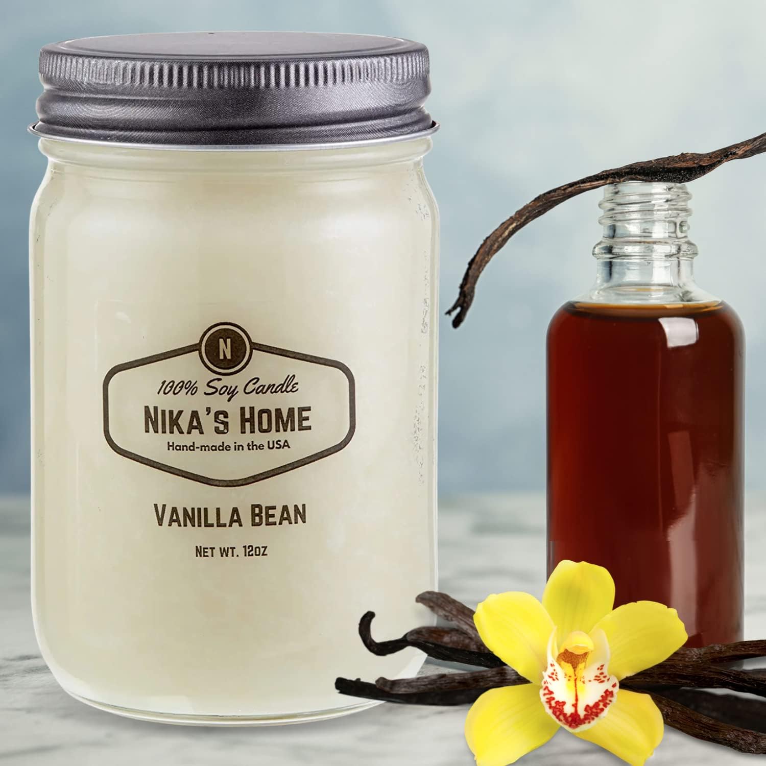 Vanilla Bean Soy Candle - 12oz Mason Jar - Non-Toxic - Hand Poured in The USA, Long Burning 50-60 Hours Highly Scented All Natural, Clean Burning