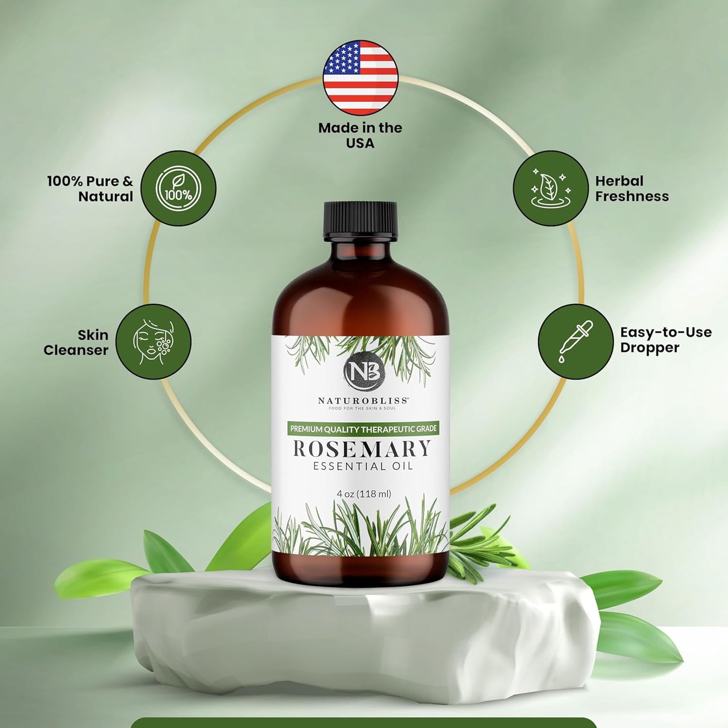 NaturoBliss 100% Pure Rosemary Essential Oil Therapeutic Grade Premium Quality (4 fl. oz) with Glass Dropper, Perfect for Aromatherapy