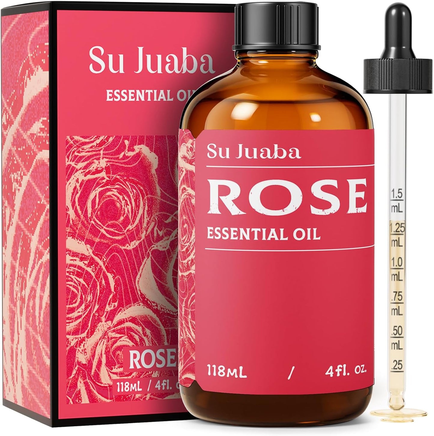 SU JUABA Rose Essential Oil 4 Fl Oz, 100% Pure Rose Oil for Face, Skin, Hair, Diffuser, Aromatherapy -118ml