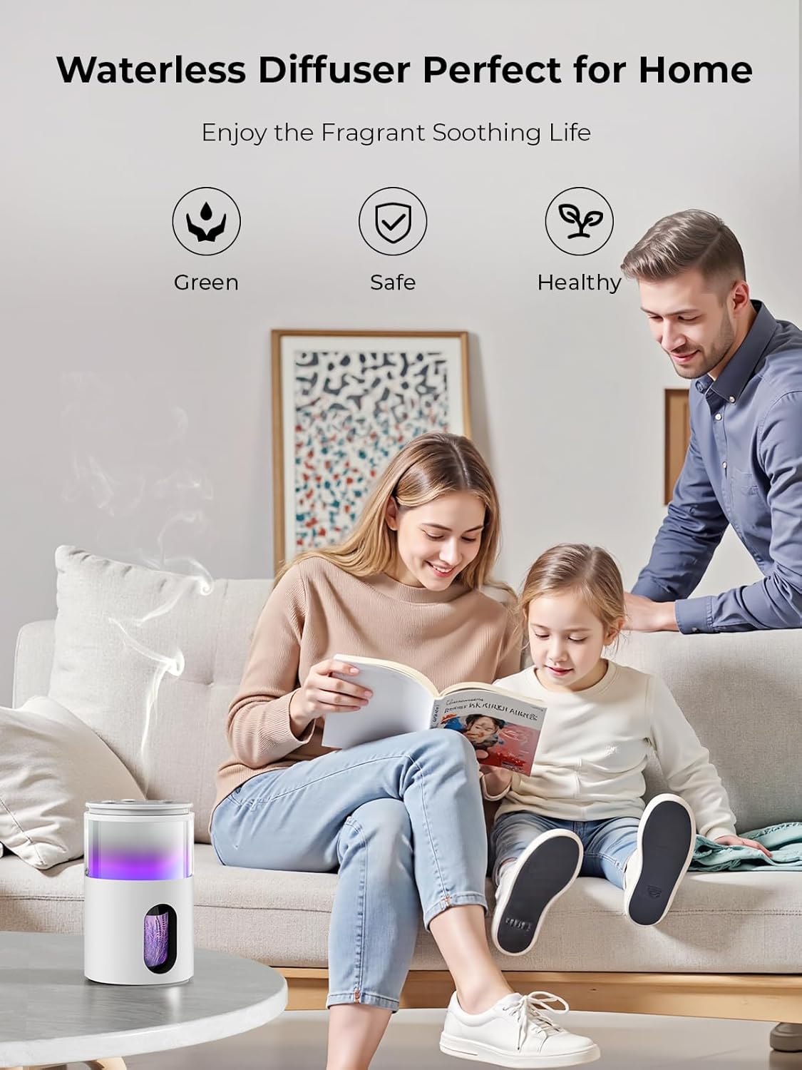 Waterless Essential Oil Diffuser: 𝟗 𝐂𝐨𝐥𝐨𝐫𝐬 𝐋𝐄𝐃 Scent Diffuser for Home&Car&Office - Portable Diffuser with 48H Battery, 4 Timers & 3 Mist Levels, Snow White