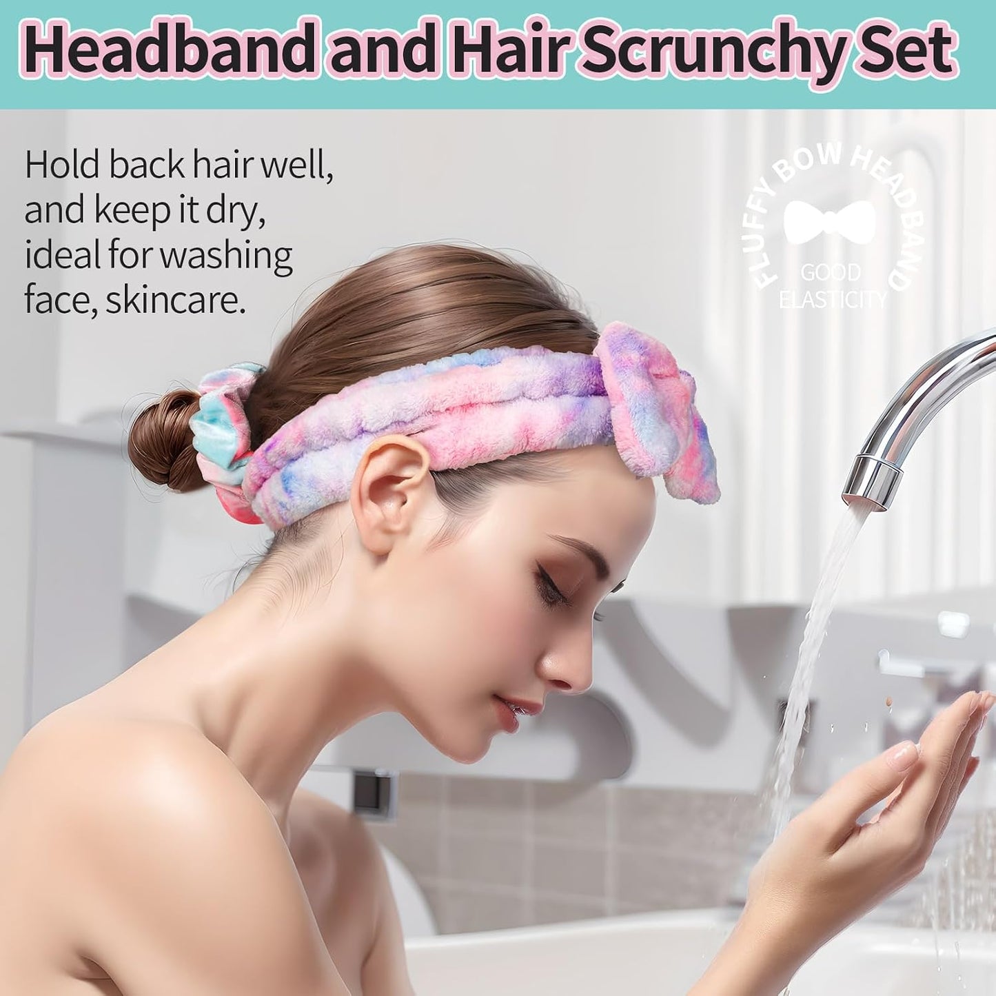 LEOBRO Spa Headband, 3pcs Makeup Headbands and 3pcs Hair Scrunchies, Bow Skin Care Headband for Washing Face, Hair Bands, Birthday Gifts, for Women, Teen Girls