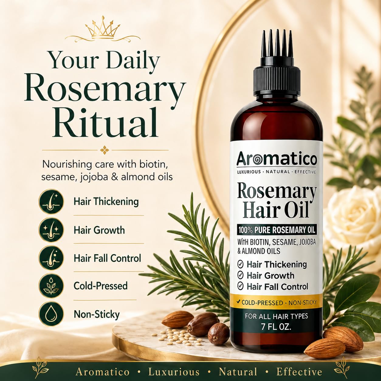 Aromatico 100% Pure Rosemary Oil for Hair Growth, Hair-fall Control & Hair Thickening. Enriched with Sesame, Jojoba & Almond Oils. Non-Sticky Texture. With Applicator Cap - 7 Fl Oz