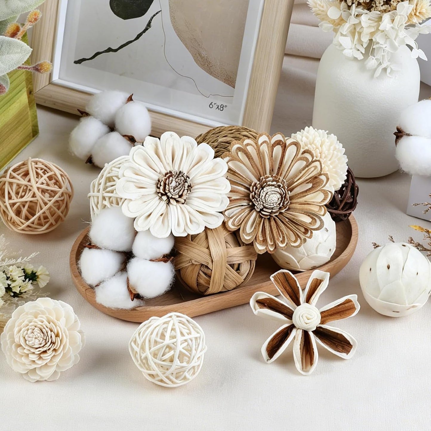 18 PCS Decorative Ball Filler Natural Bowl Filler Woven Rattan Balls Bowl Centerpiece Balls for Vase Potpourri Tabletop Wedding Party Home Decorations
